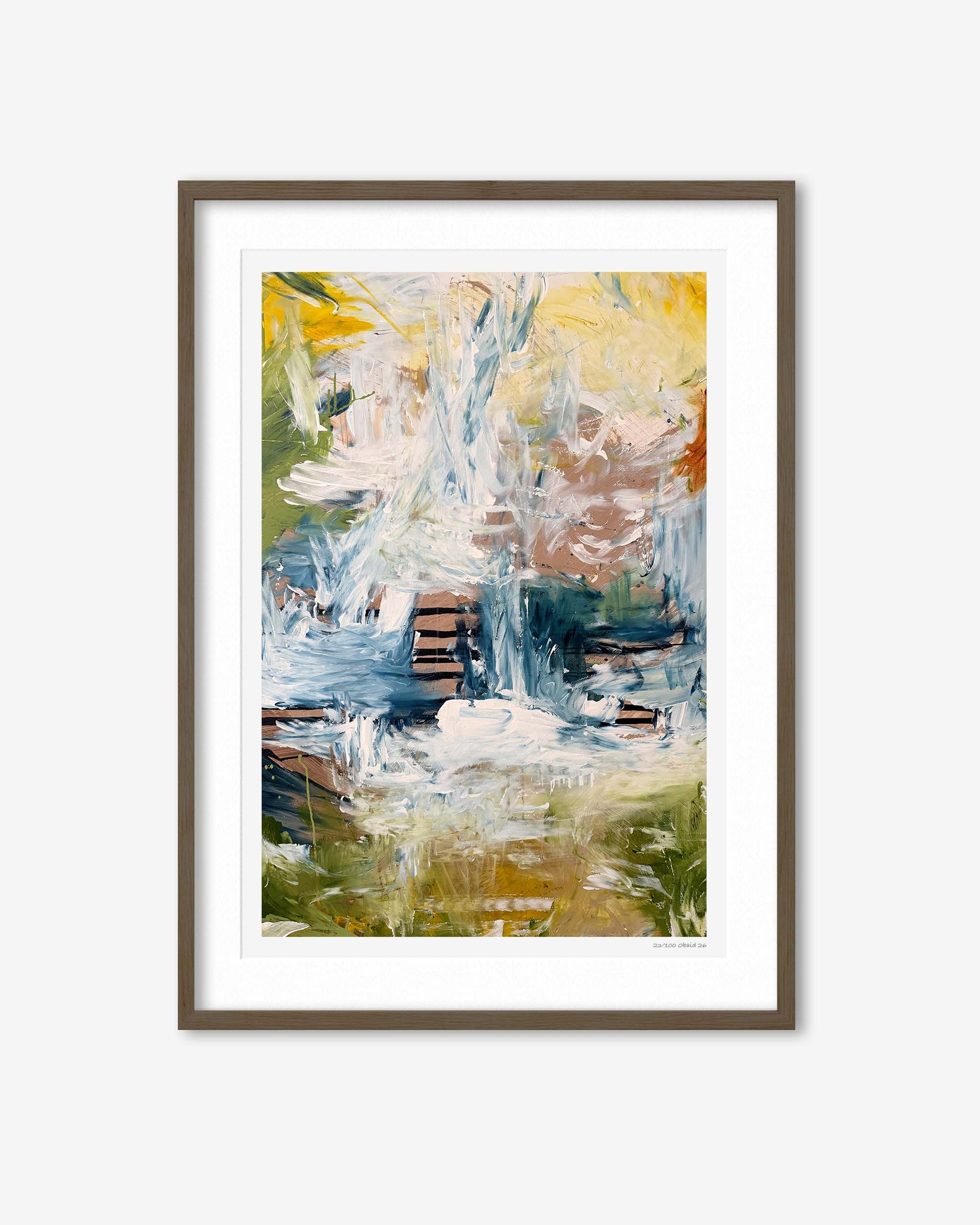 Framed abstract painting with a white background