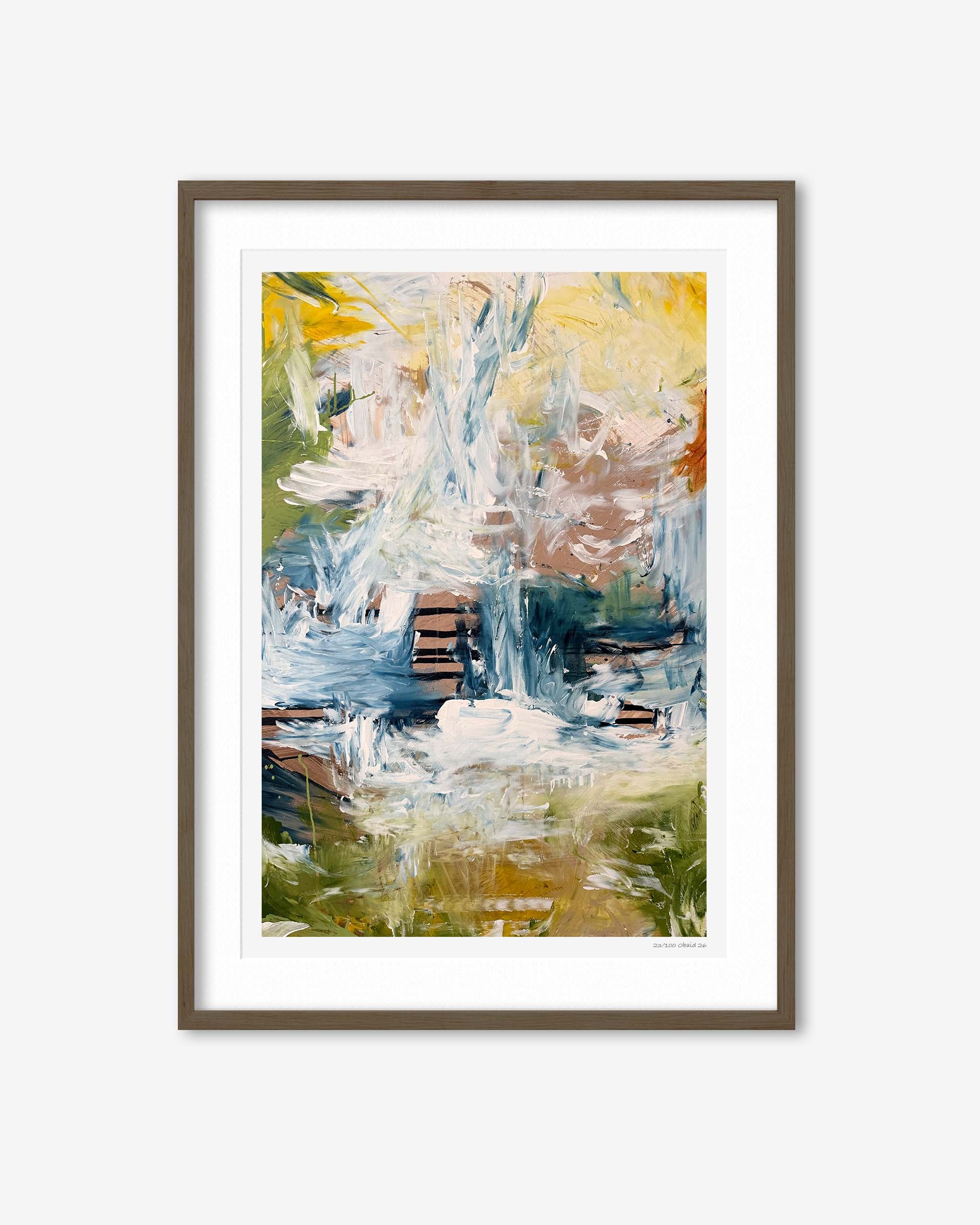 Framed abstract painting with a white background