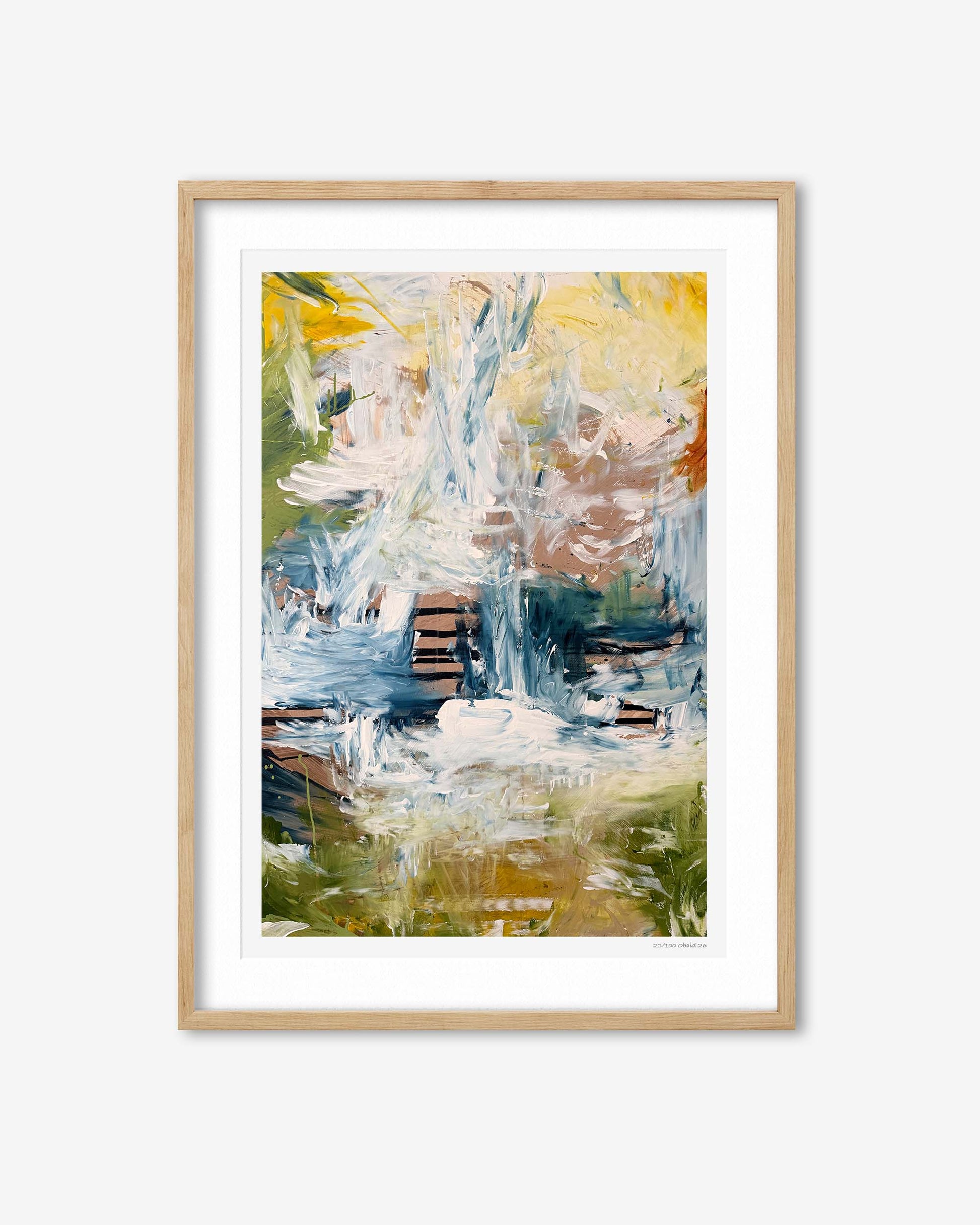 Abstract painting in a wooden frame on a white background