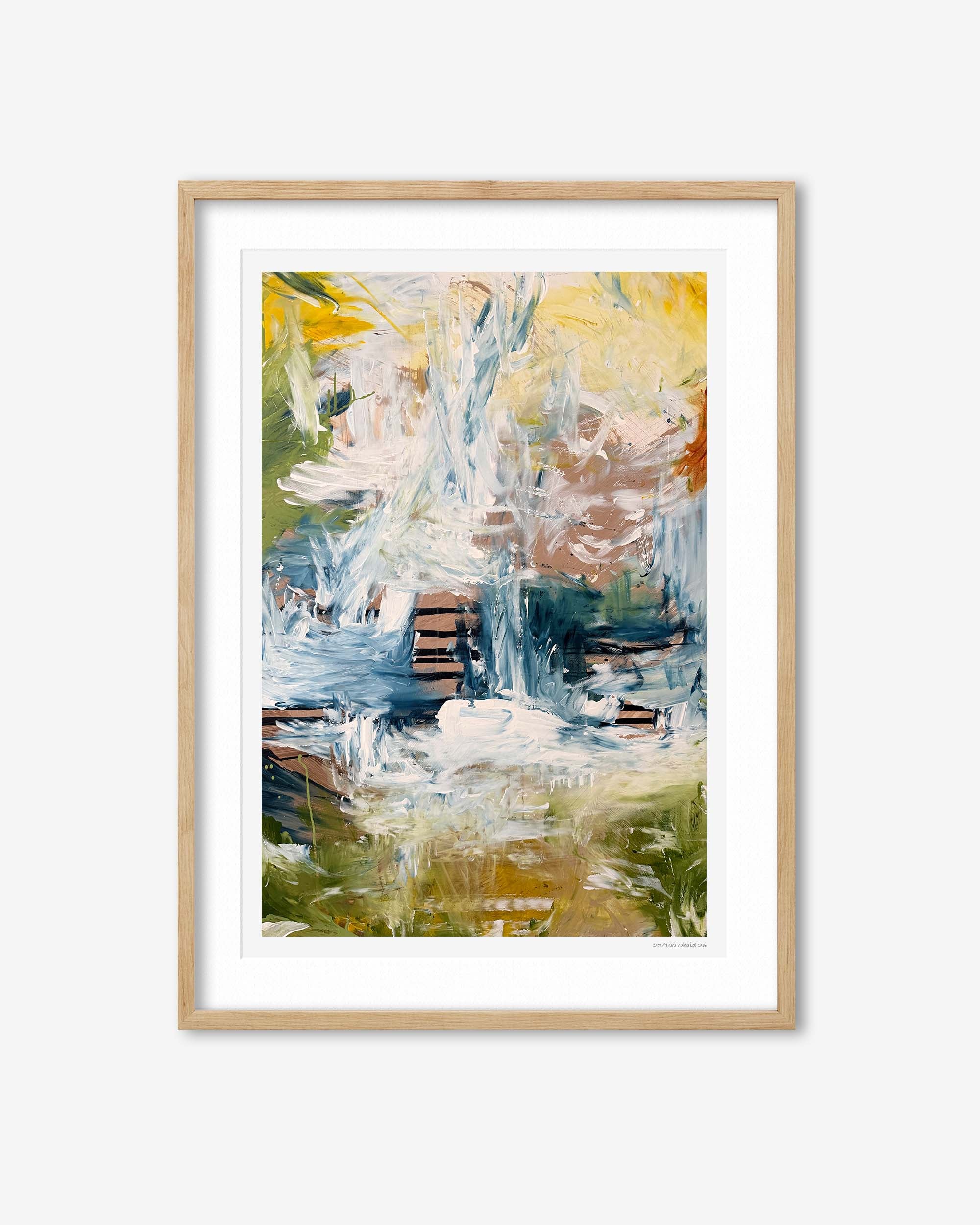 Abstract painting in a wooden frame on a white background