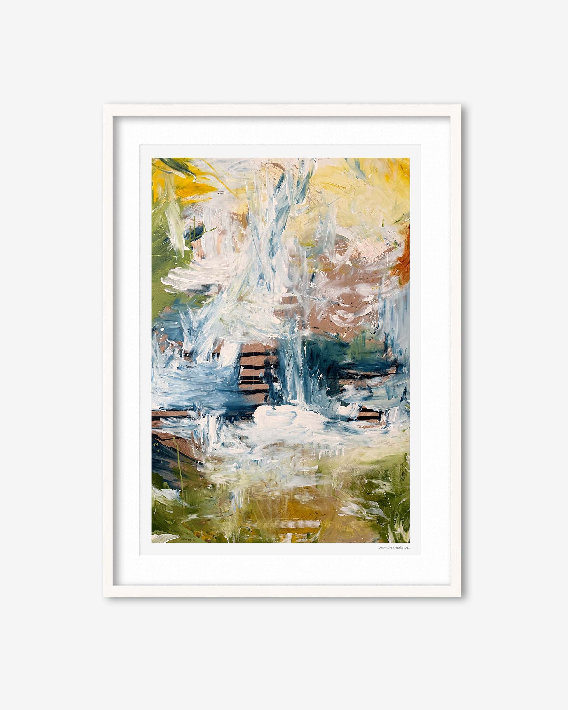 Framed abstract painting with a white border on a light gray background