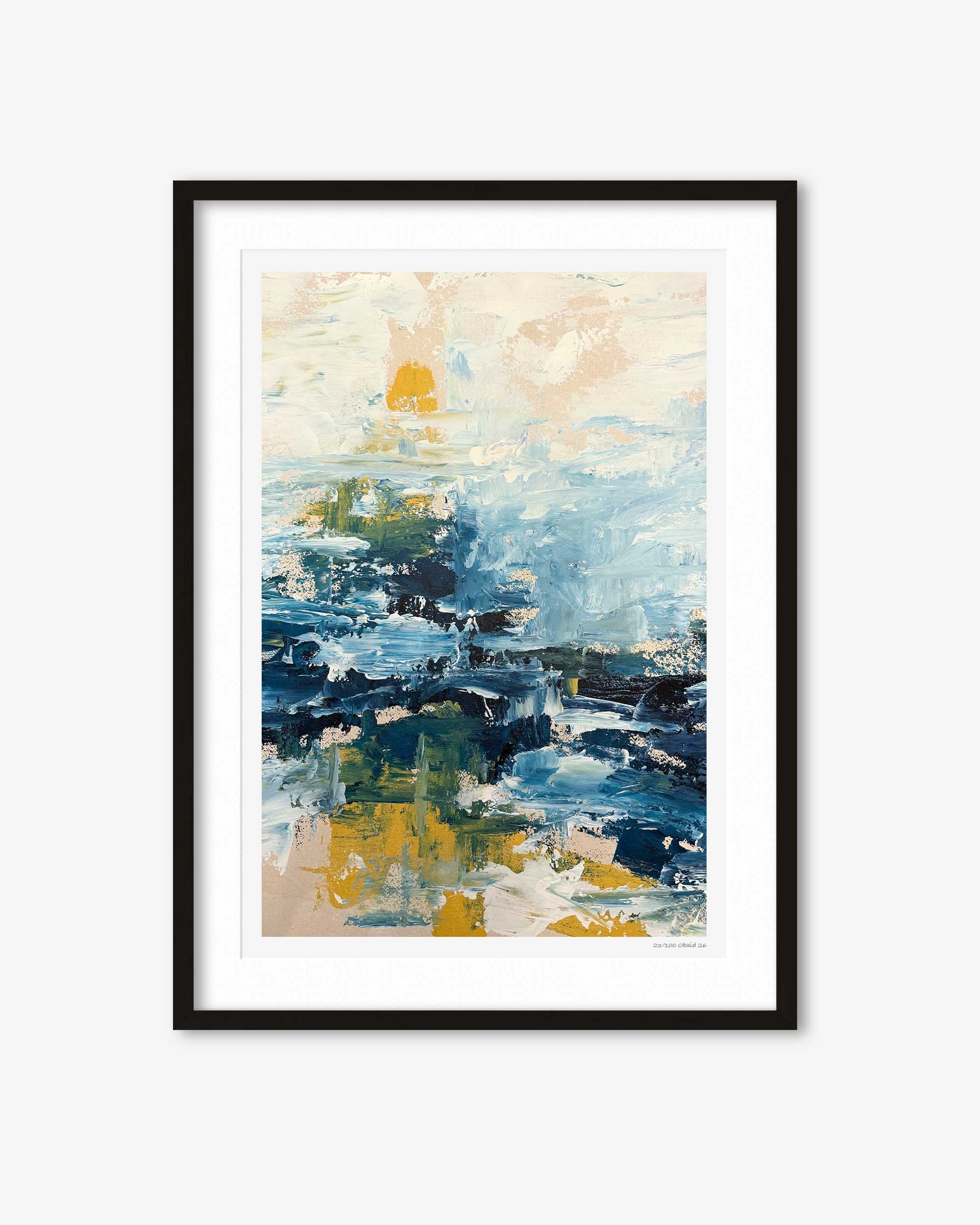 Framed abstract art print with blue, yellow, and beige colors on a white background