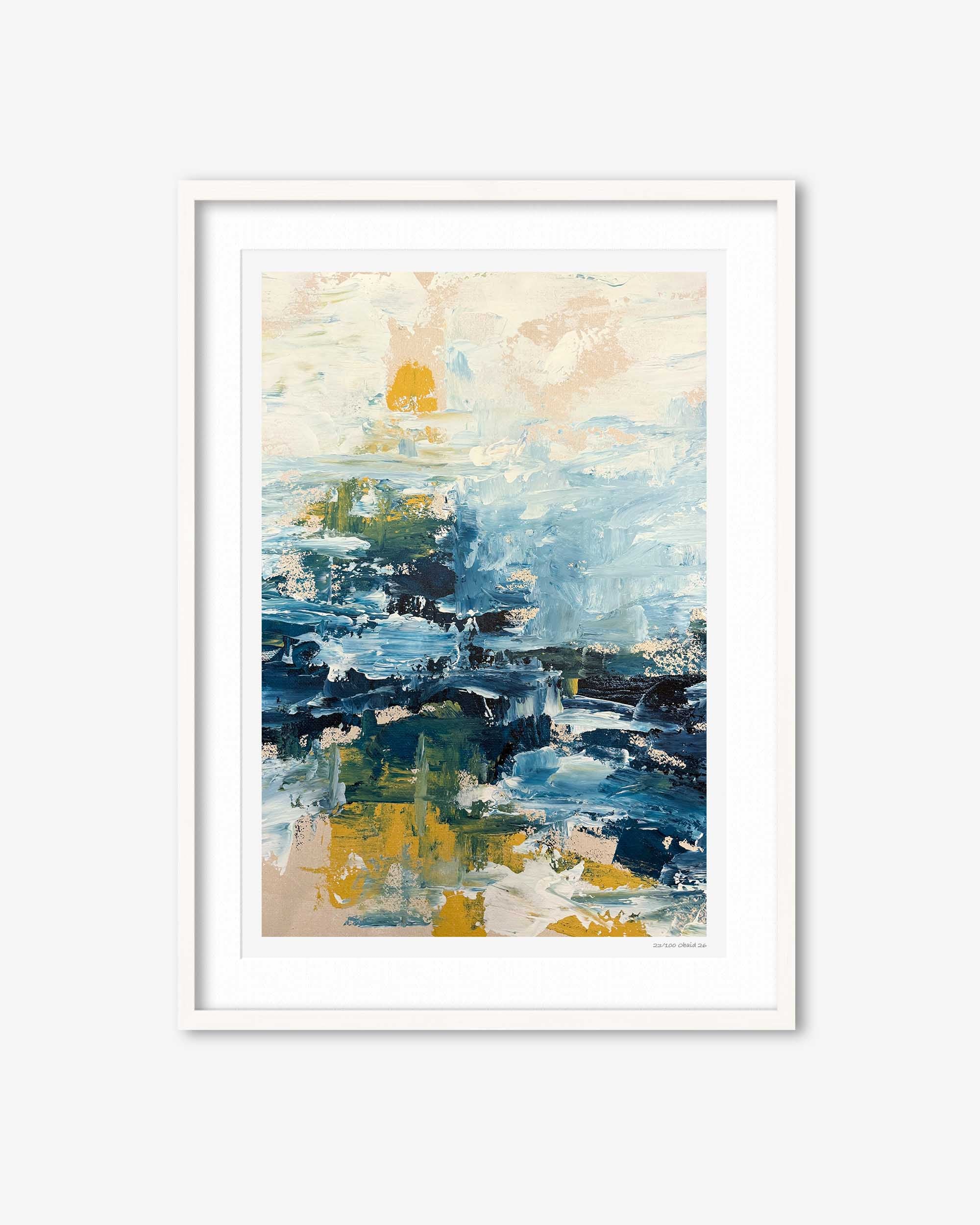 Framed abstract art print with blue, yellow, and beige colors on a white background