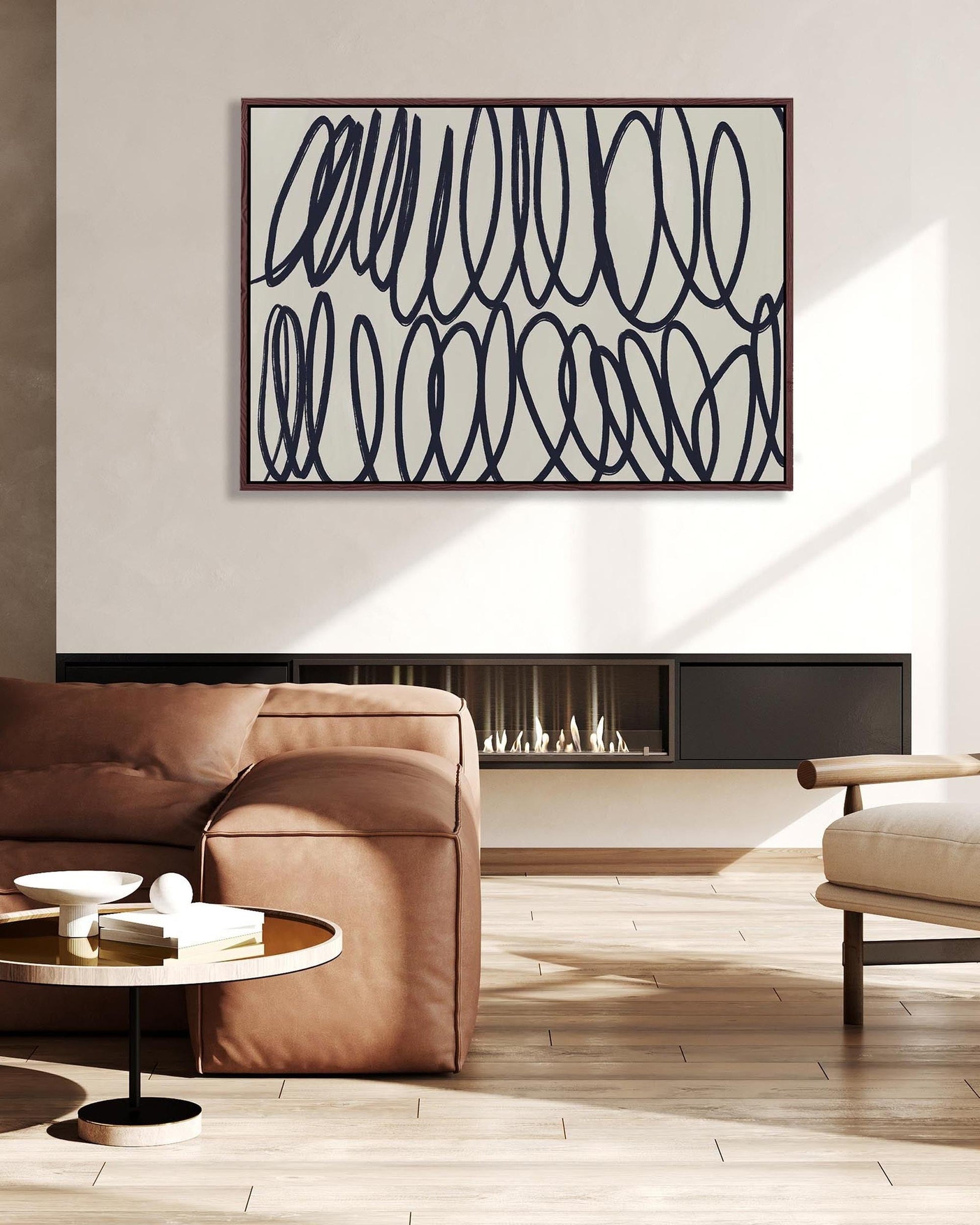 Modern living room with a brown sofa, coffee table, and abstract wall art.