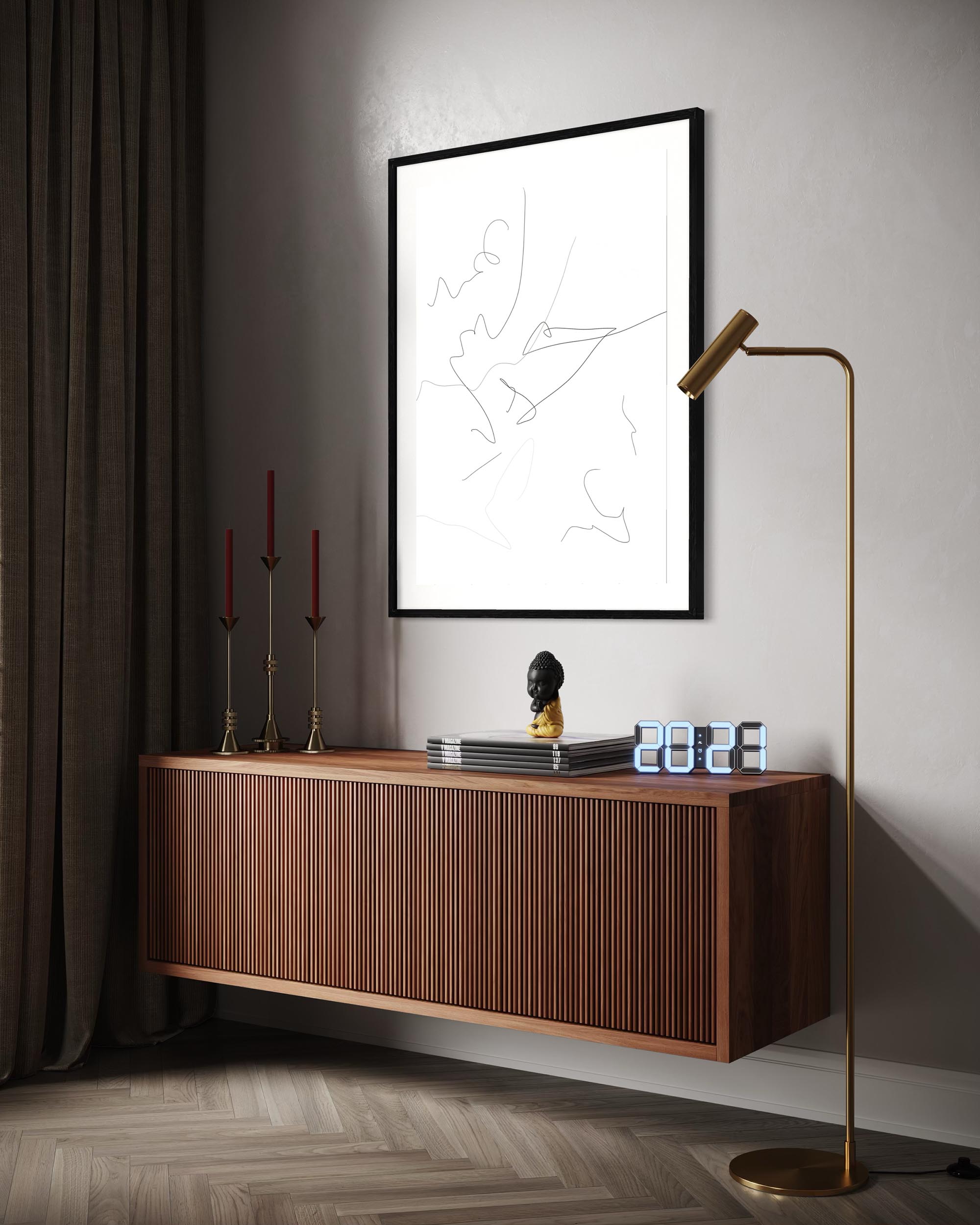 framed abstract line art print on wall in modern living room