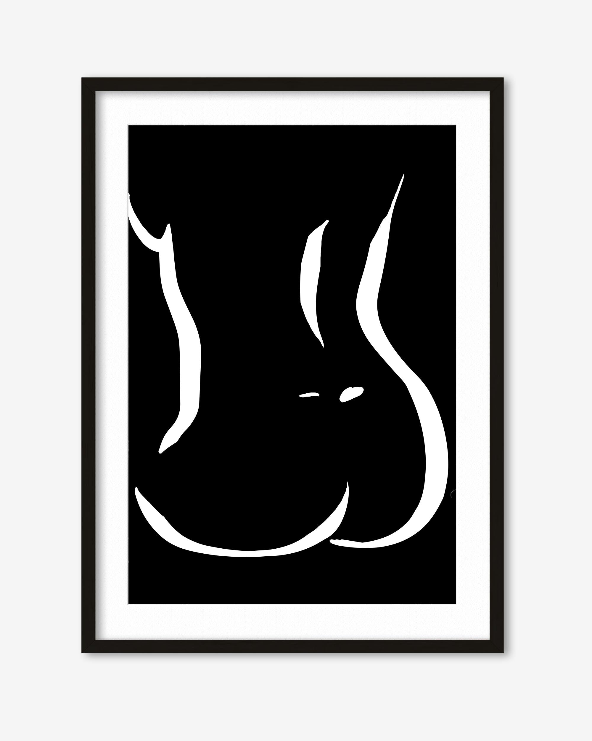 Framed artwork of a stylized black and white abstract design on a white background