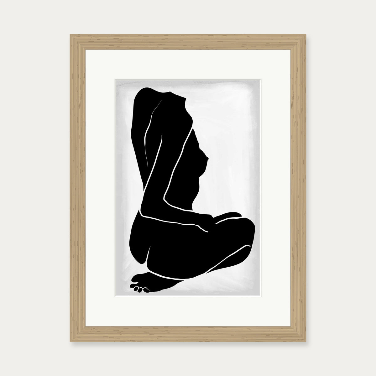 Lino Nude Figure Line Art Print — 30 x 40 cm — Oak Frame