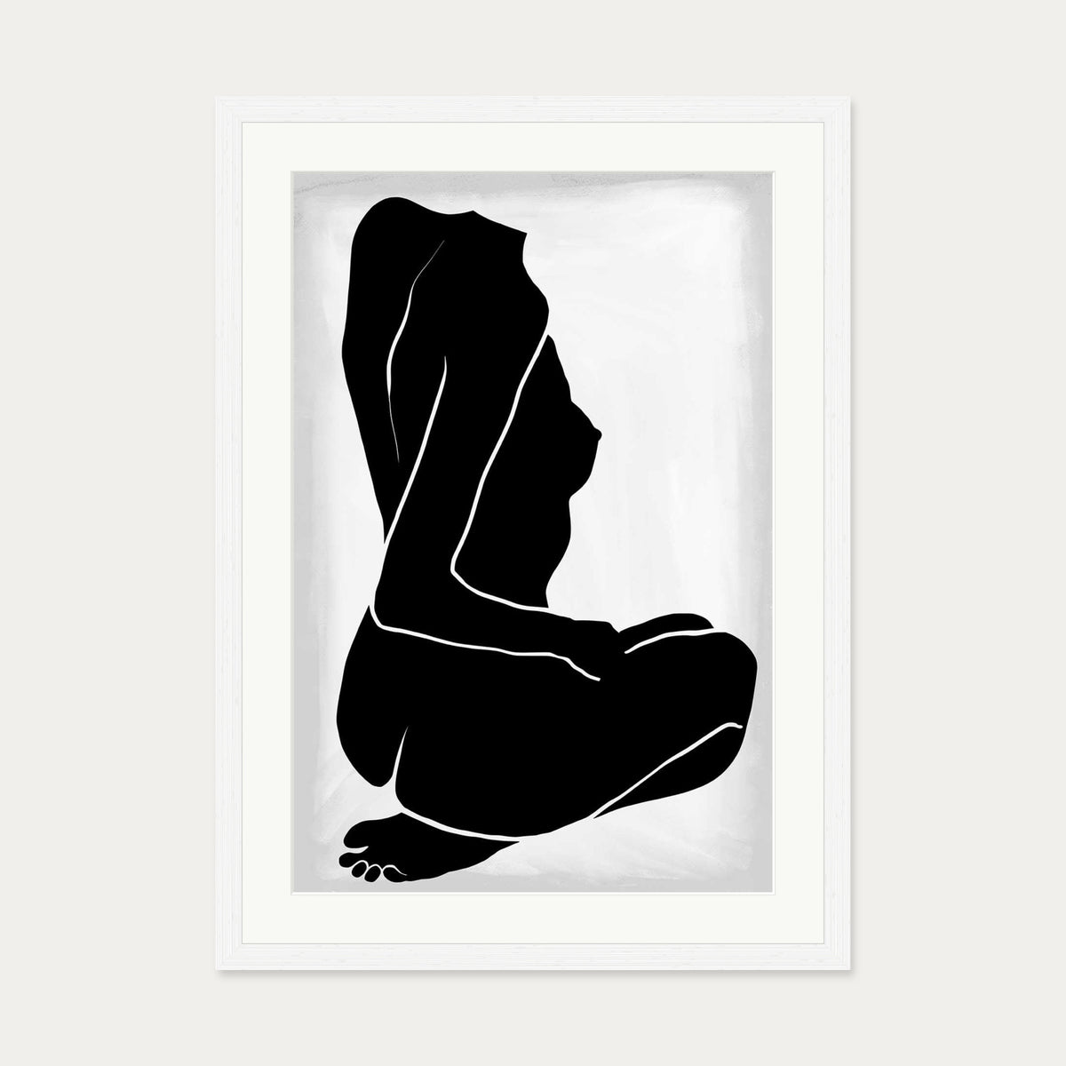 Lino Nude Figure Line Art Print — 50 x 70 cm — White Frame