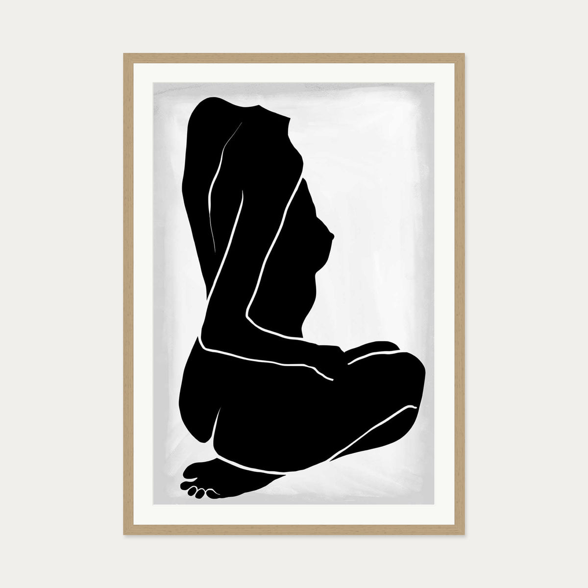 Lino Nude Figure Line Art Print — 70 x 100 cm — Oak Frame