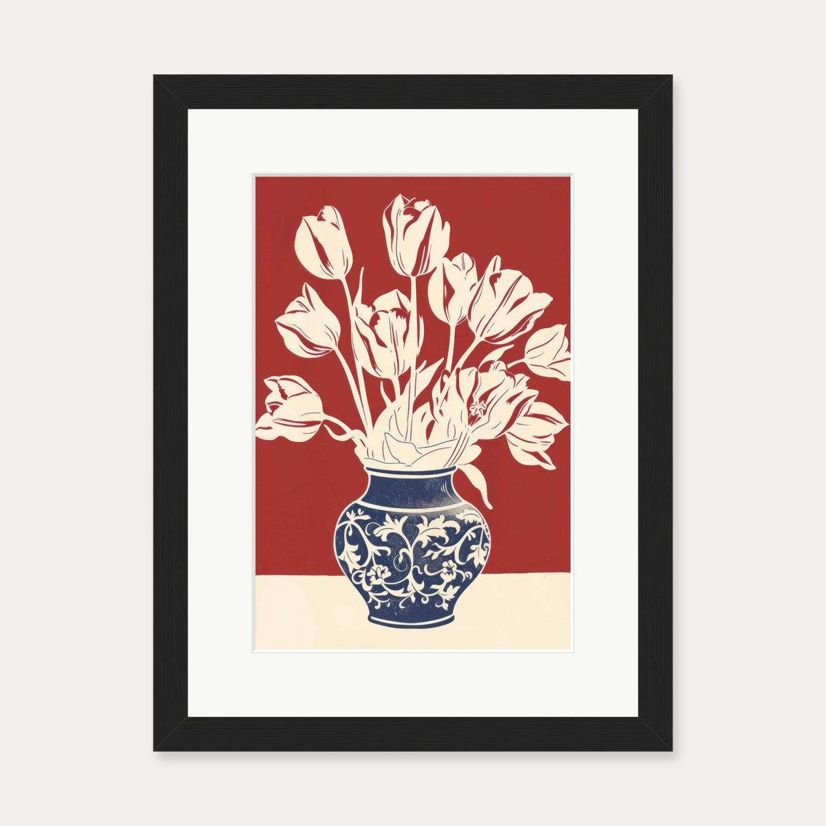 Lino Print Flower Pot Wall Art — 30 x 40 cm — Black Frame
