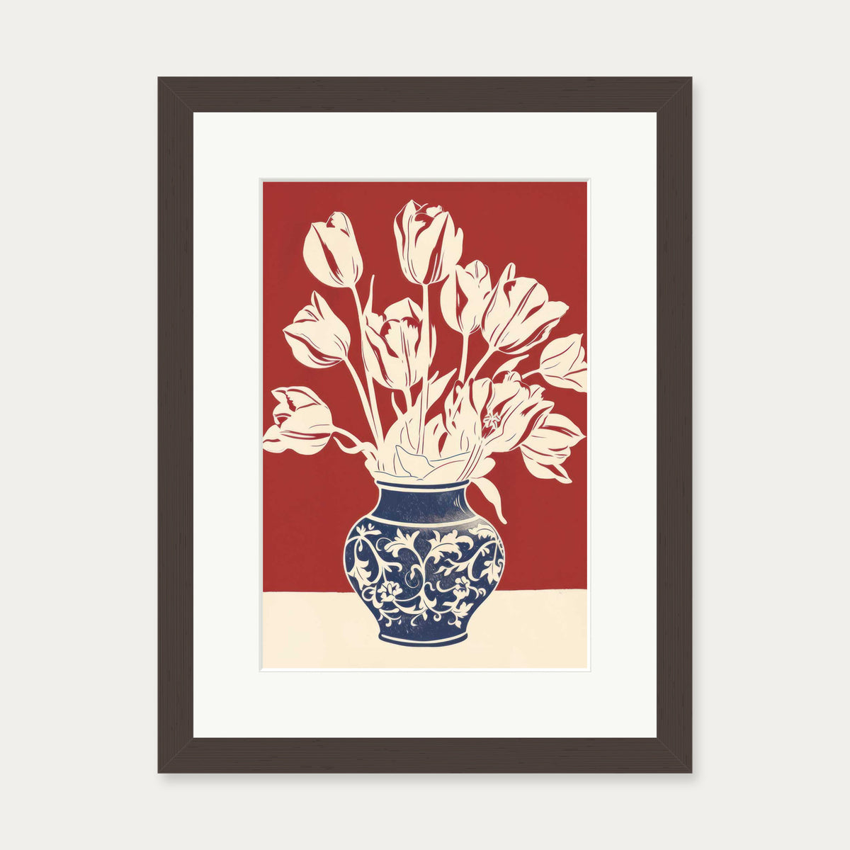 Lino Print Flower Pot Wall Art — 30 x 40 cm — Brown Frame