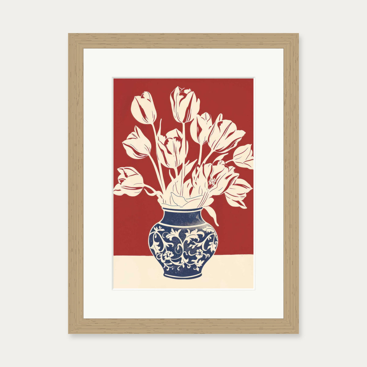 Lino Print Flower Pot Wall Art — 30 x 40 cm — Oak Frame