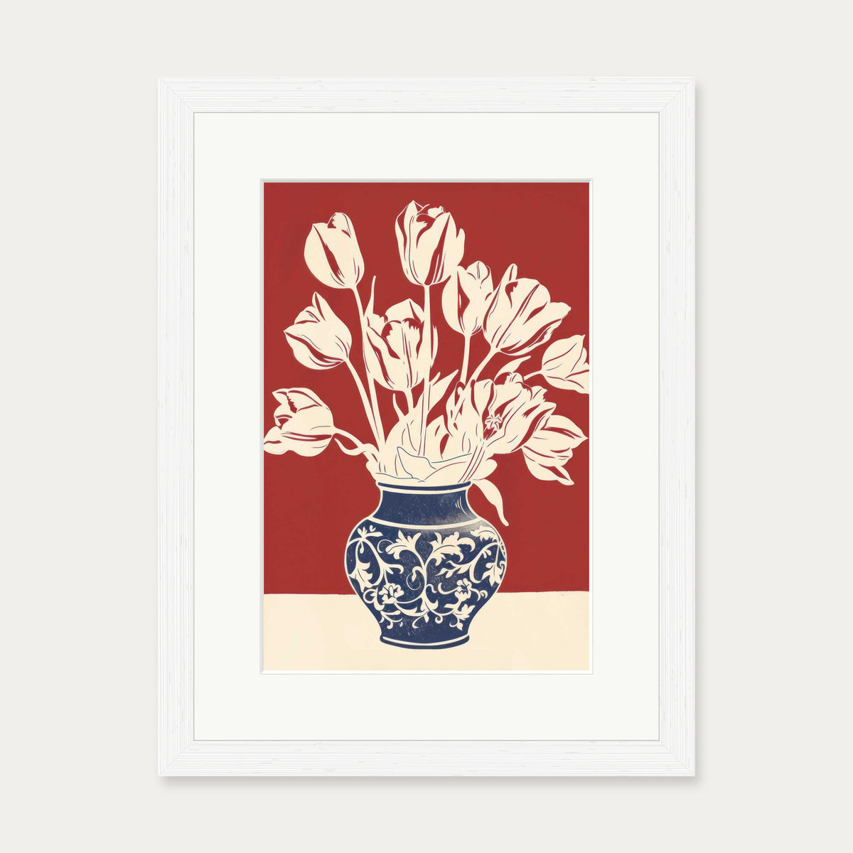 Lino Print Flower Pot Wall Art — 30 x 40 cm — White Frame