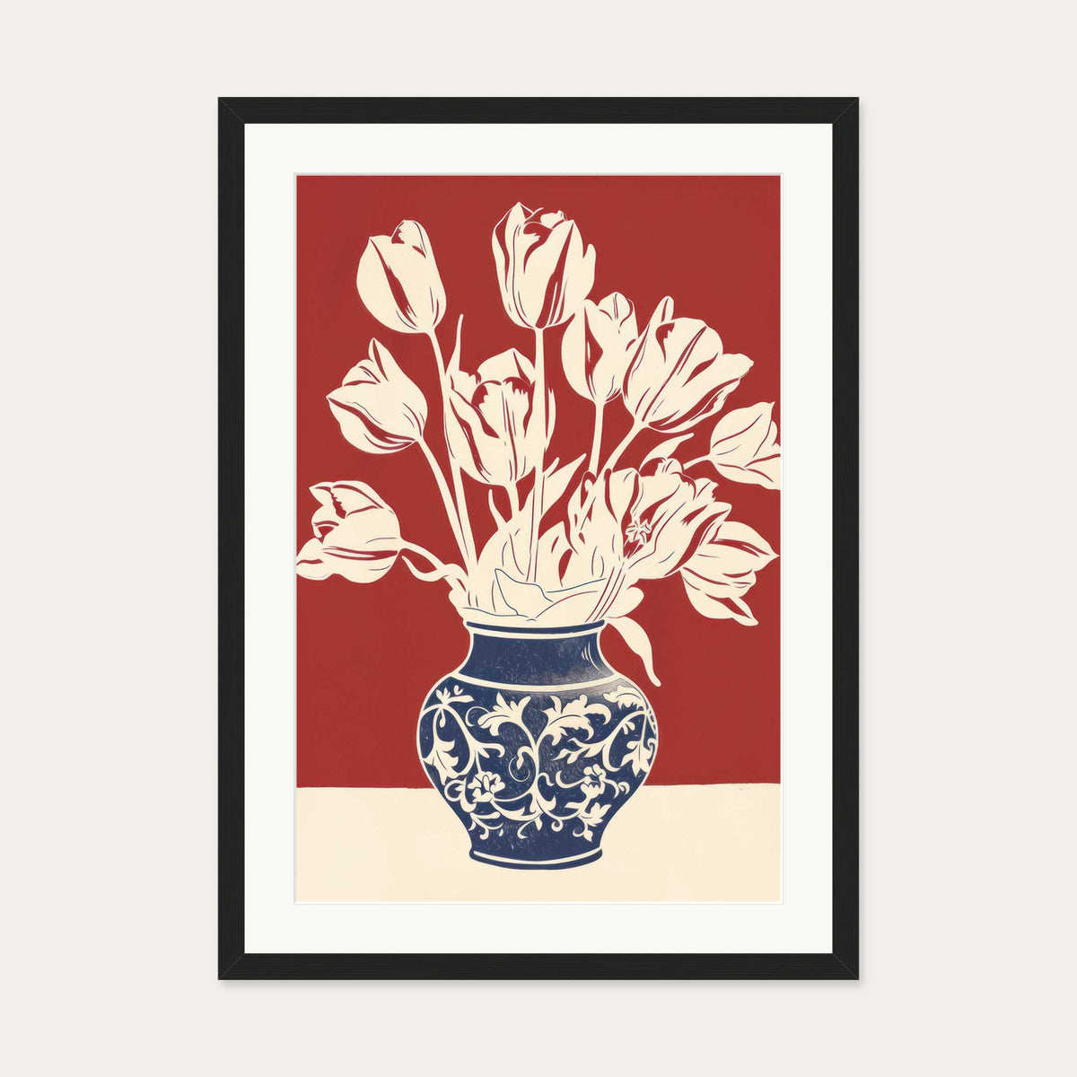 Lino Print Flower Pot Wall Art — 50 x 70 cm — Black Frame