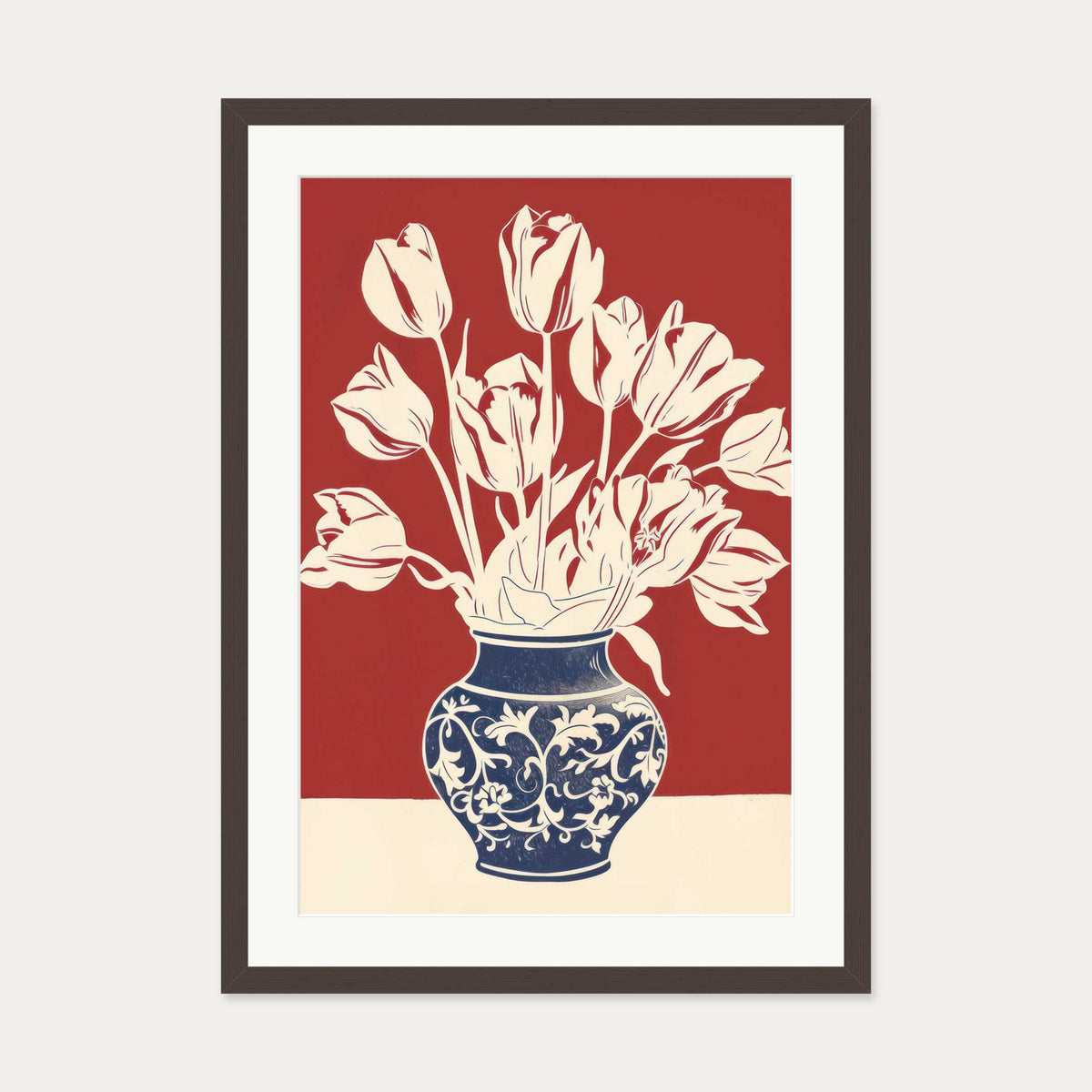 Lino Print Flower Pot Wall Art — 50 x 70 cm — Brown Frame