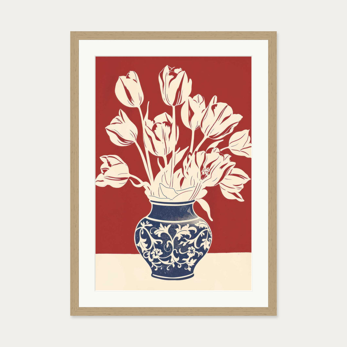 Lino Print Flower Pot Wall Art — 50 x 70 cm — Oak Frame