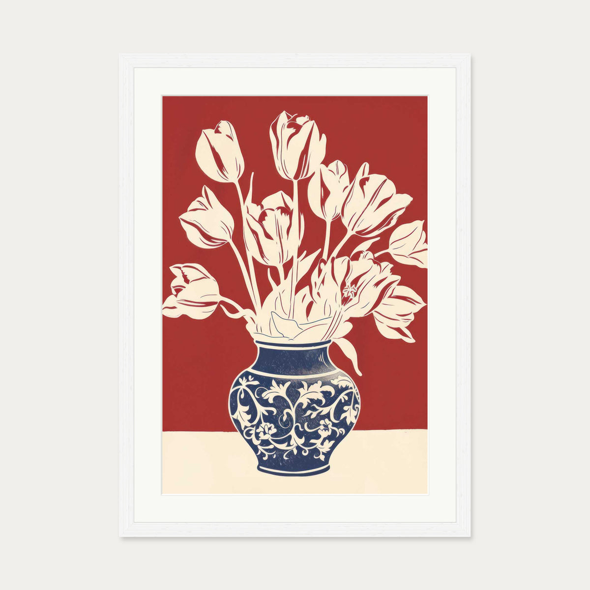 Lino Print Flower Pot Wall Art — 50 x 70 cm — White Frame