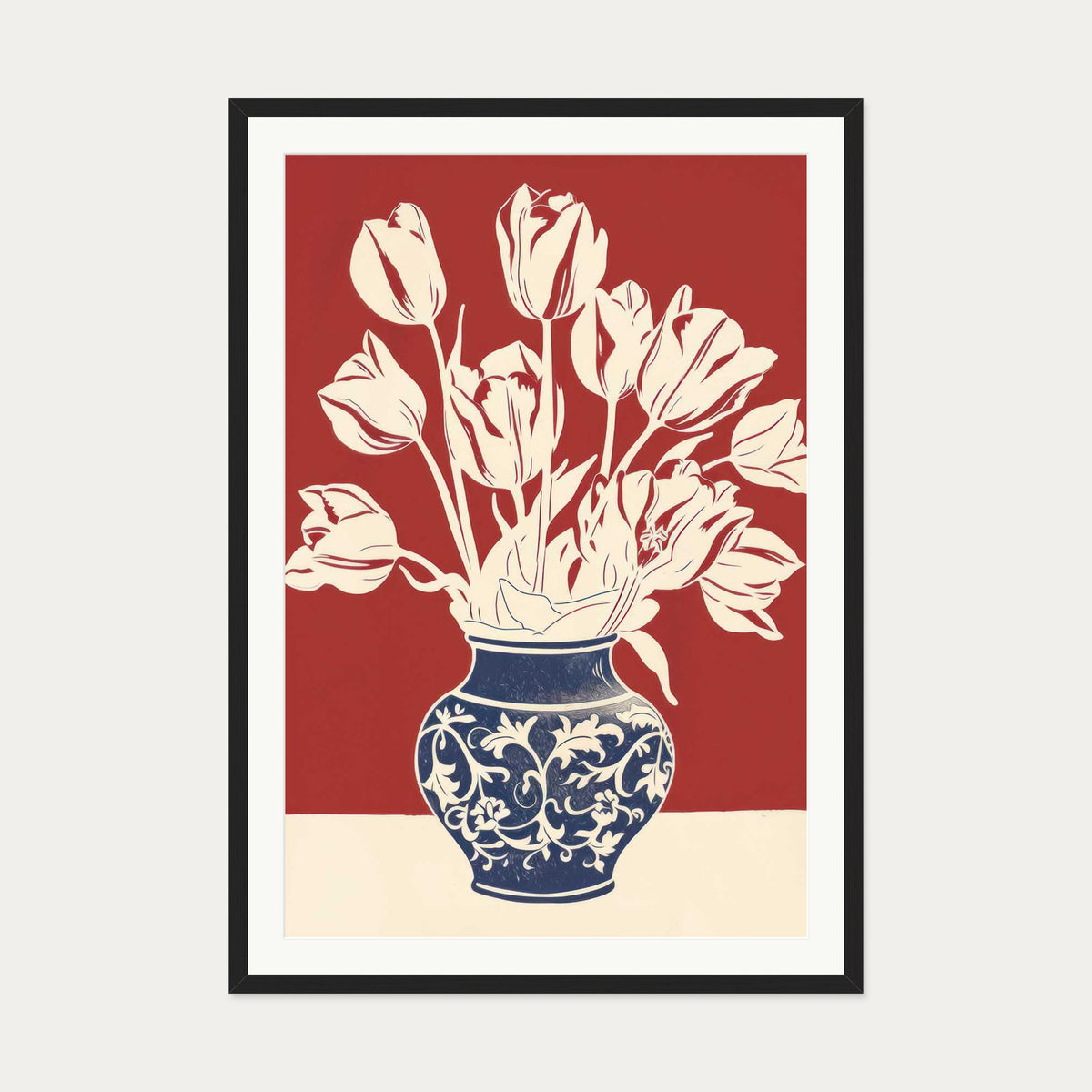Lino Print Flower Pot Wall Art — 70 x 100 cm — Black Frame