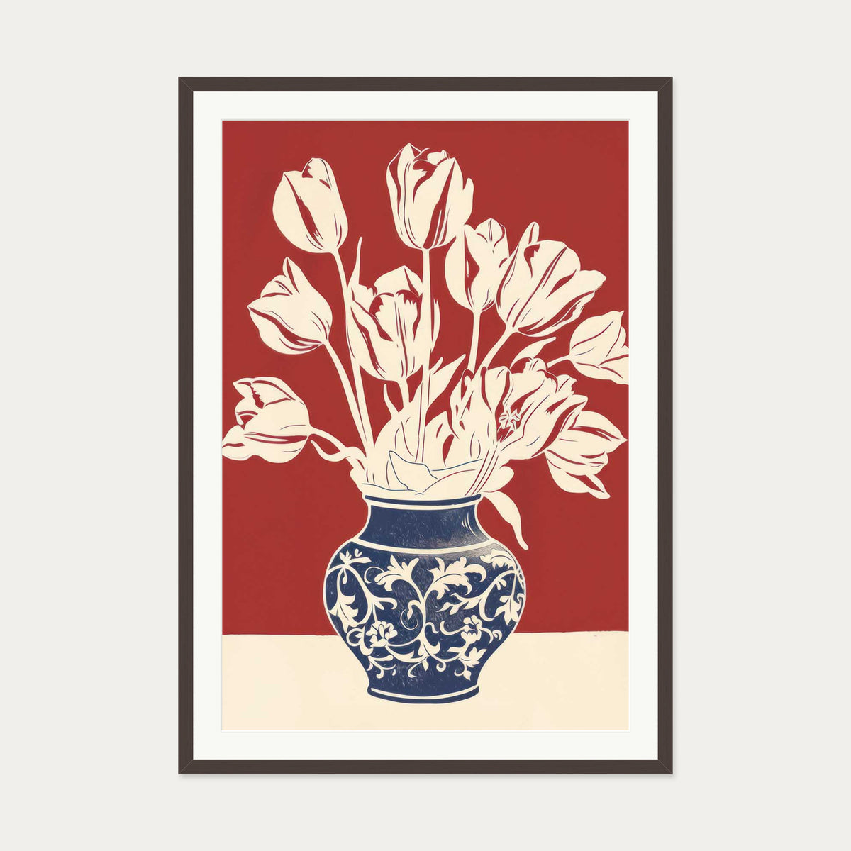 Lino Print Flower Pot Wall Art — 70 x 100 cm — Brown Frame