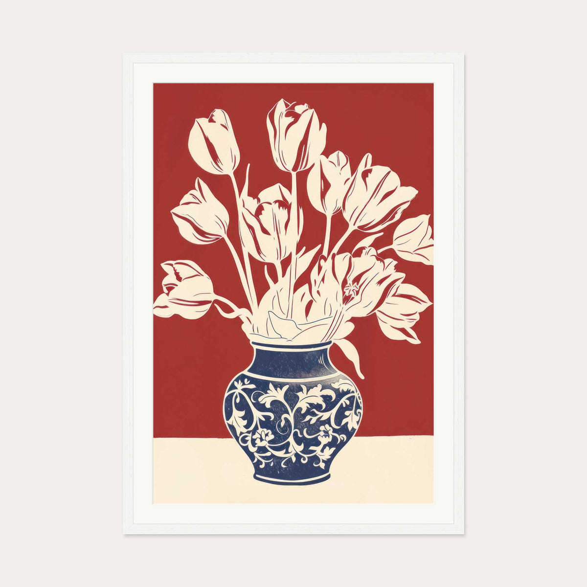 Lino Print Flower Pot Wall Art — 70 x 100 cm — White Frame