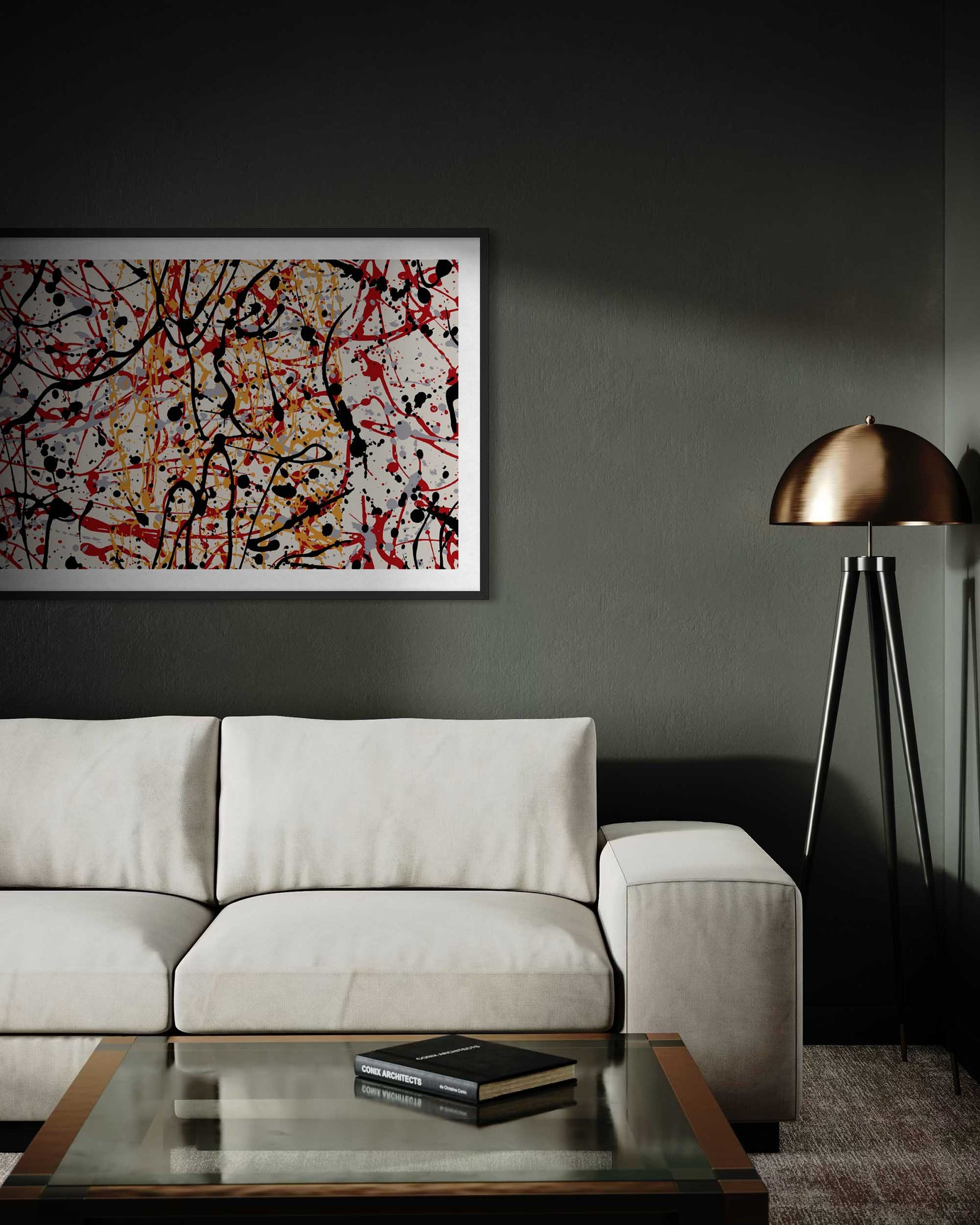 Modern living room with abstract art, beige sofa, and floor lamp.