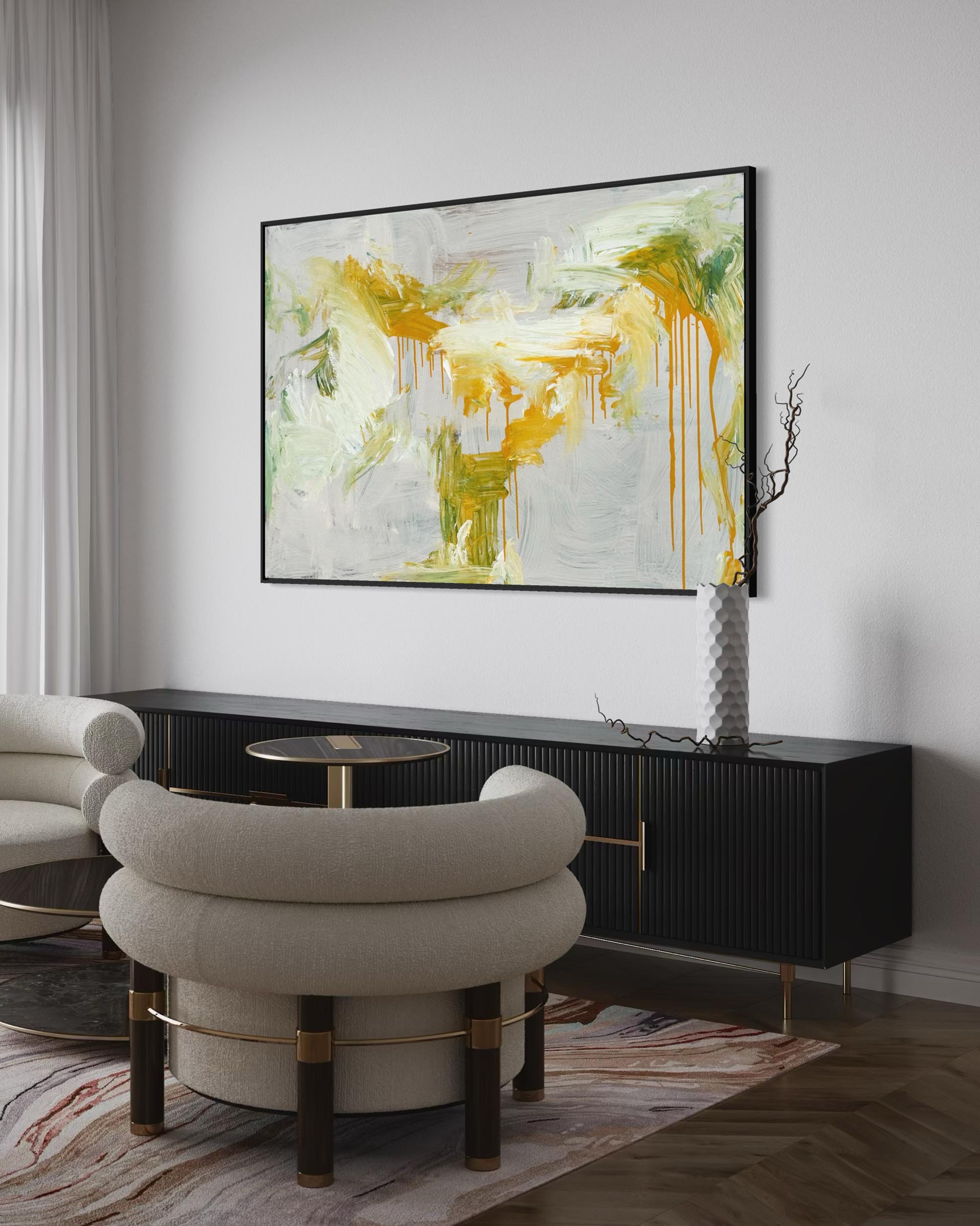 Modern living room with abstract art, furniture, and decor.
