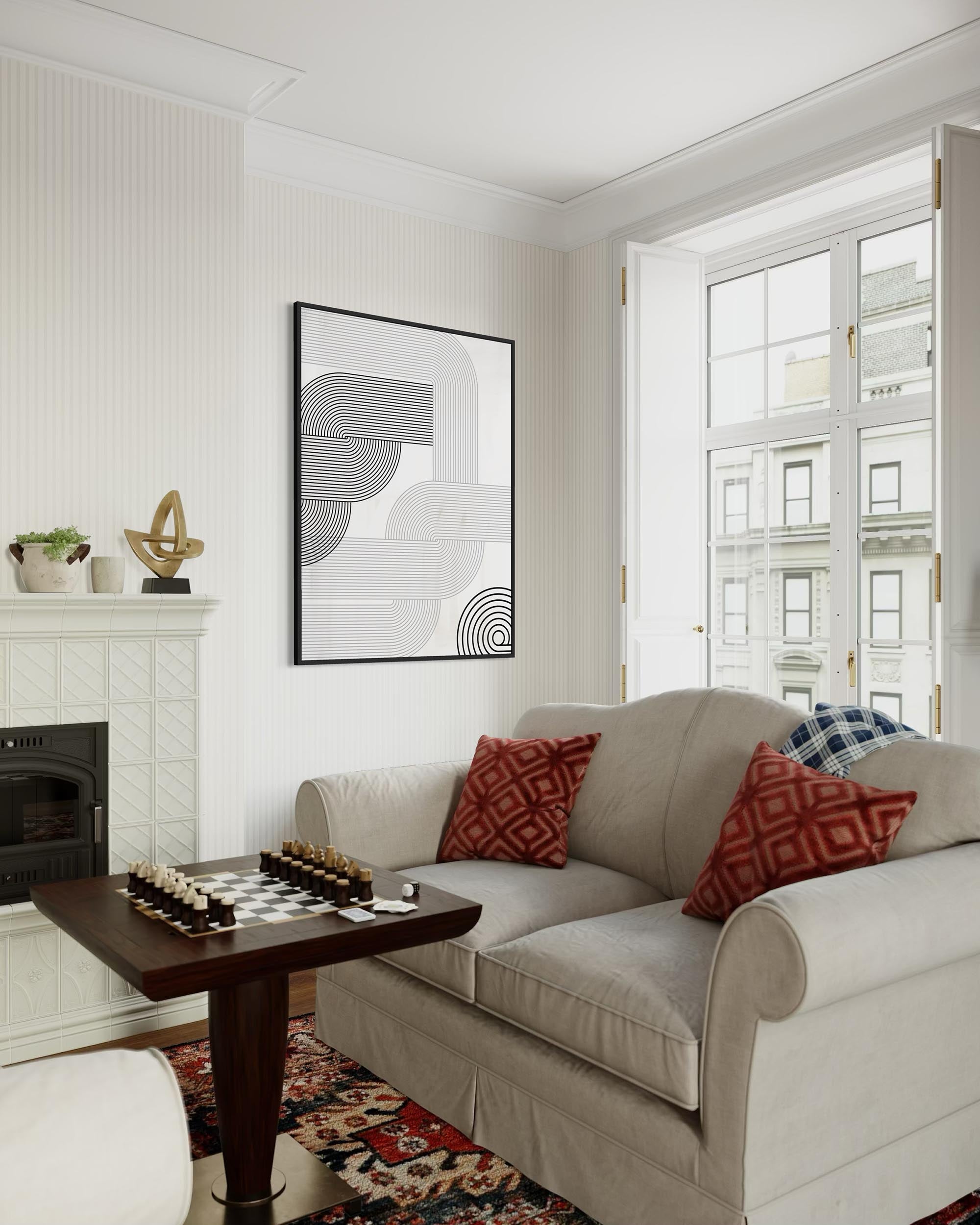 Living room with beige sofa, coffee table, and abstract art on the wall.