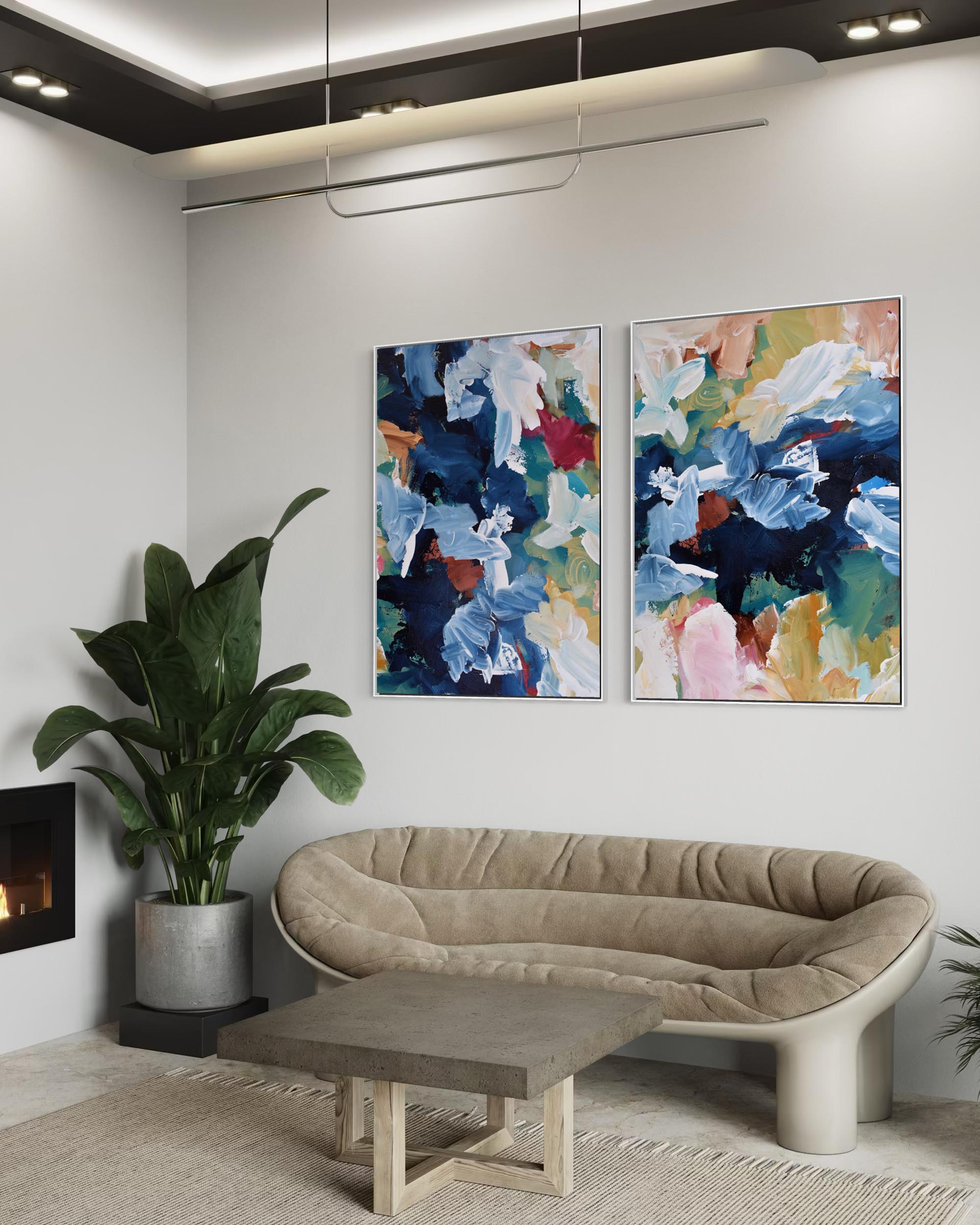 Modern living room with a beige sofa, coffee table, and abstract wall art.