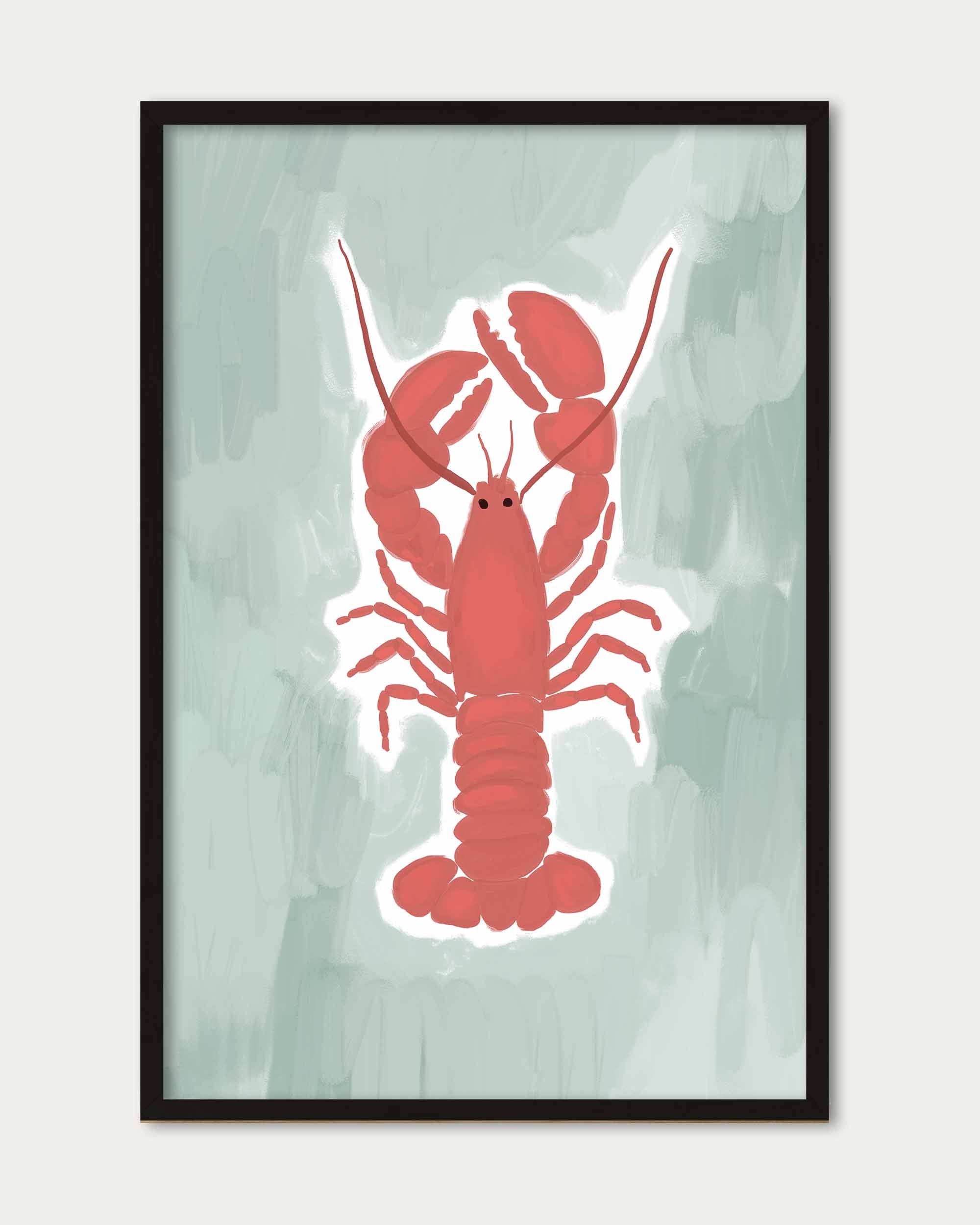 Framed artwork of a red lobster on a light green background