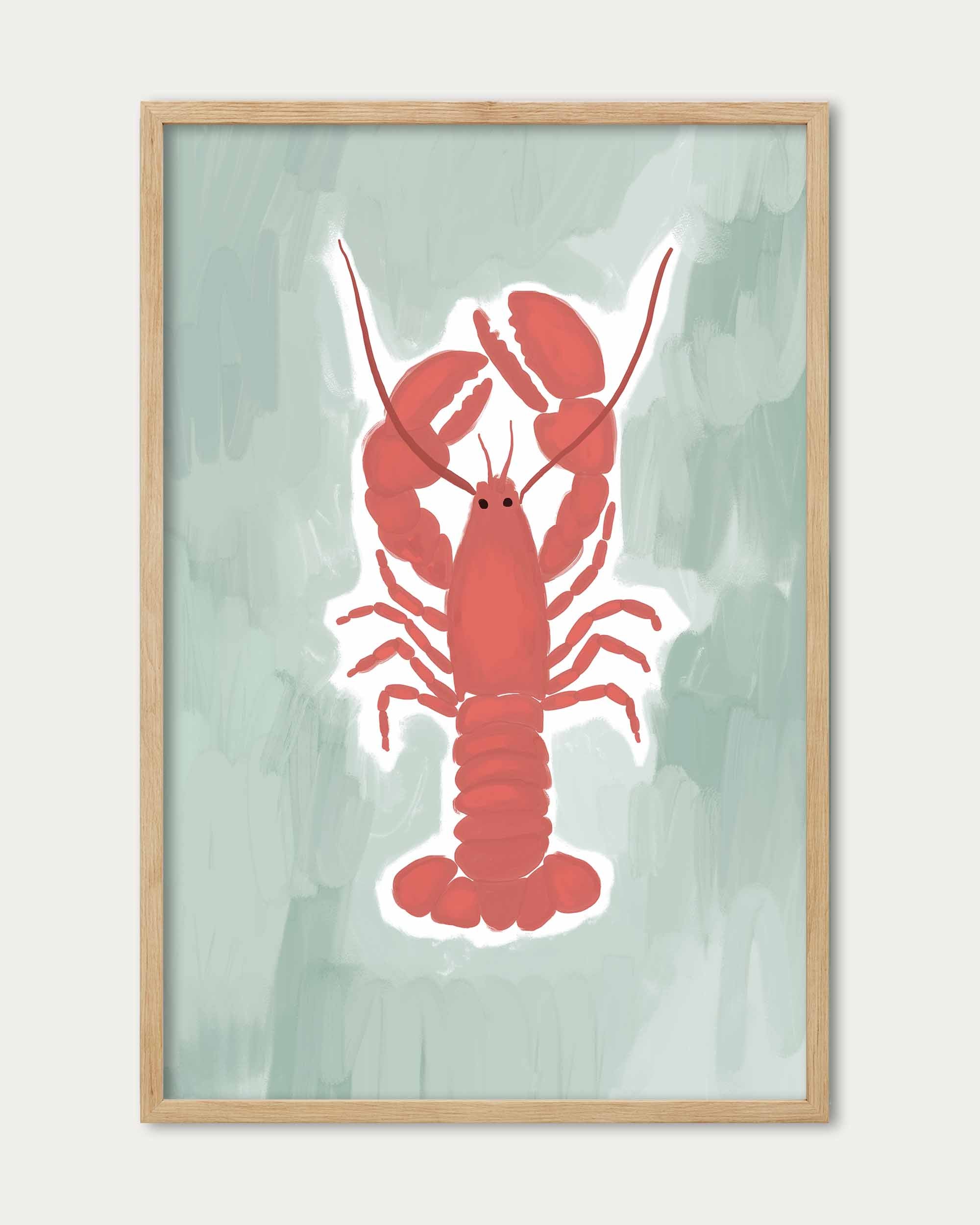 Framed artwork of a red lobster on a light green background