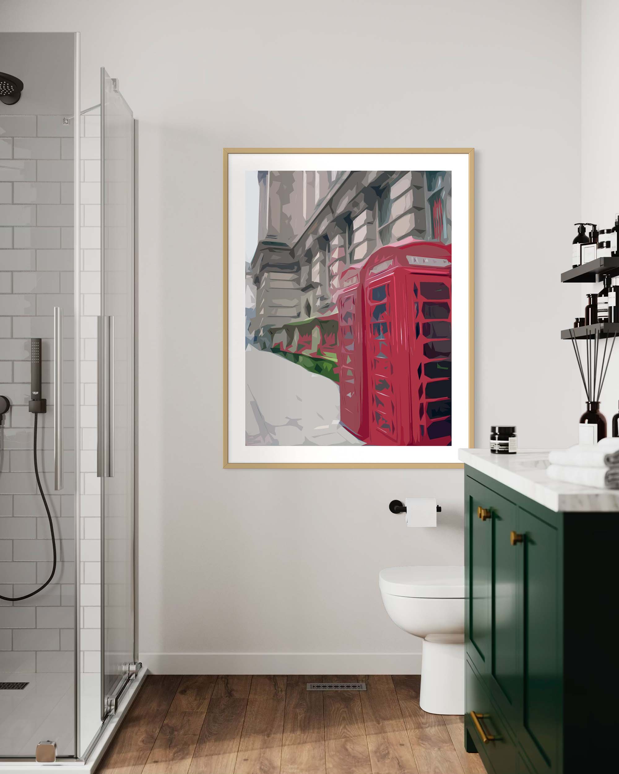 Bathroom with a framed photograph of red telephone booths on the wall