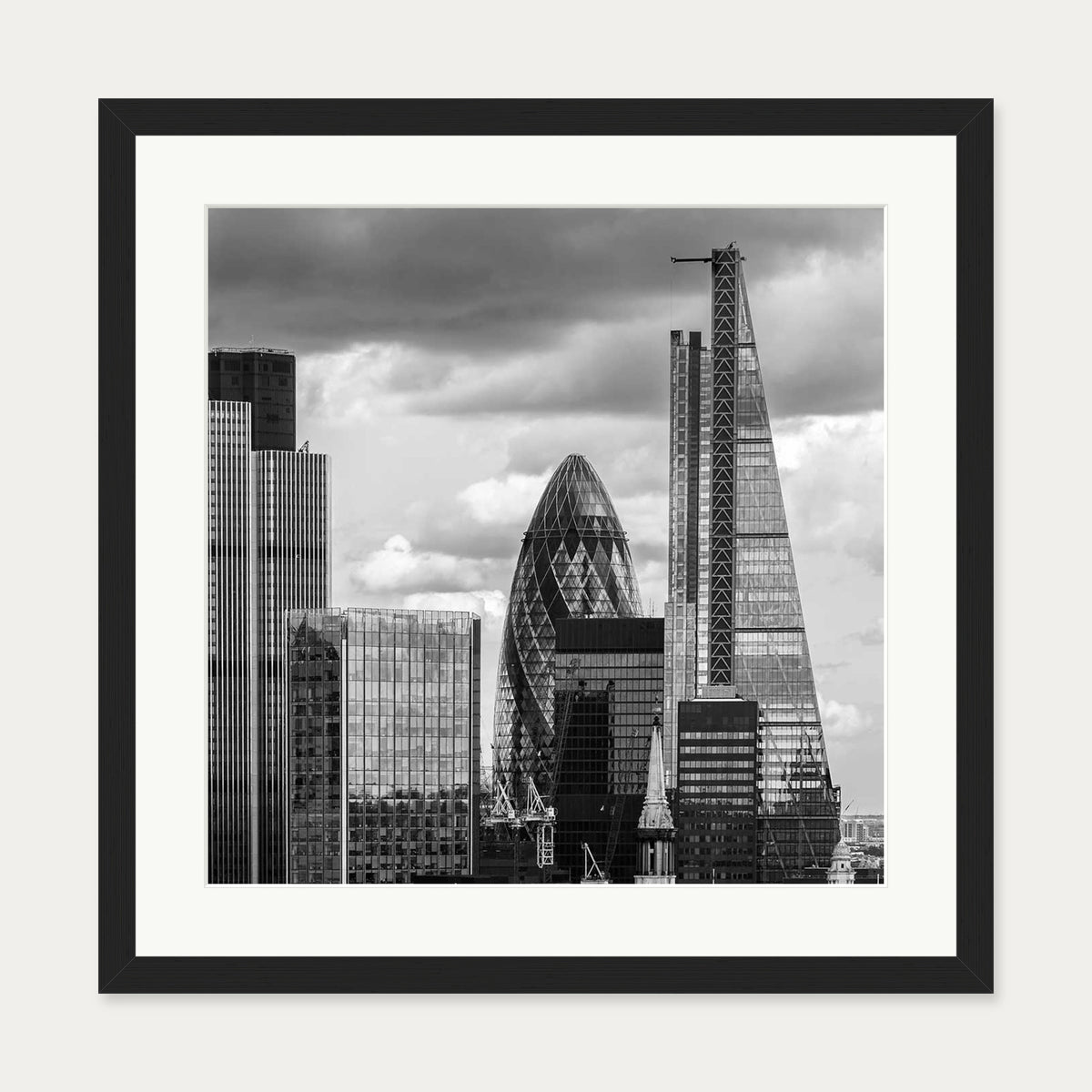 London Skyline Monochrome Art Print — 50 x 50 cm — Black Frame