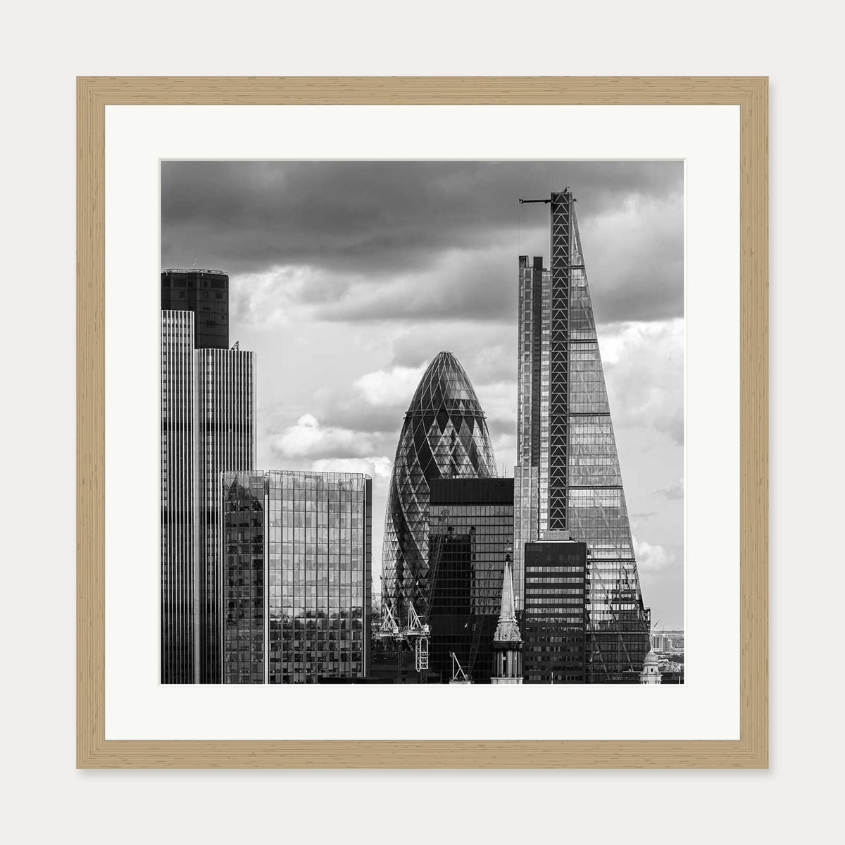 London Skyline Monochrome Art Print — 50 x 50 cm — Oak Frame