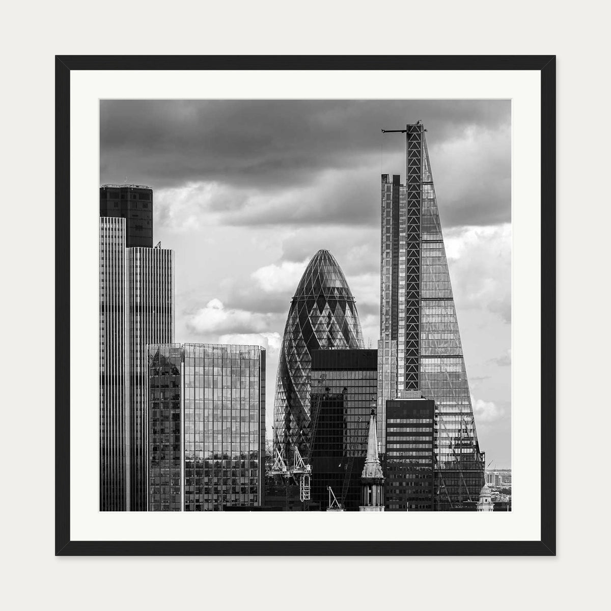 London Skyline Monochrome Art Print — 70 x 70 cm — Black Frame