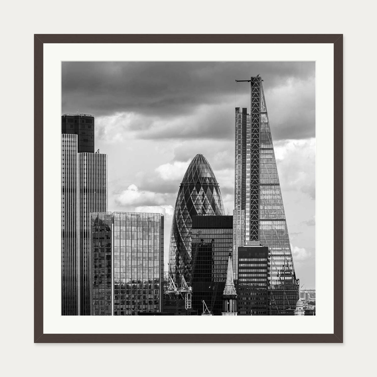 London Skyline Monochrome Art Print — 70 x 70 cm — Brown Frame