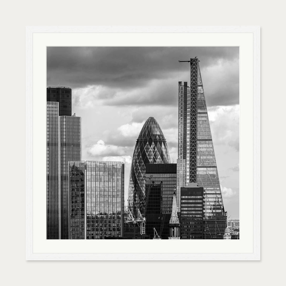 London Skyline Monochrome Art Print — 70 x 70 cm — White Frame