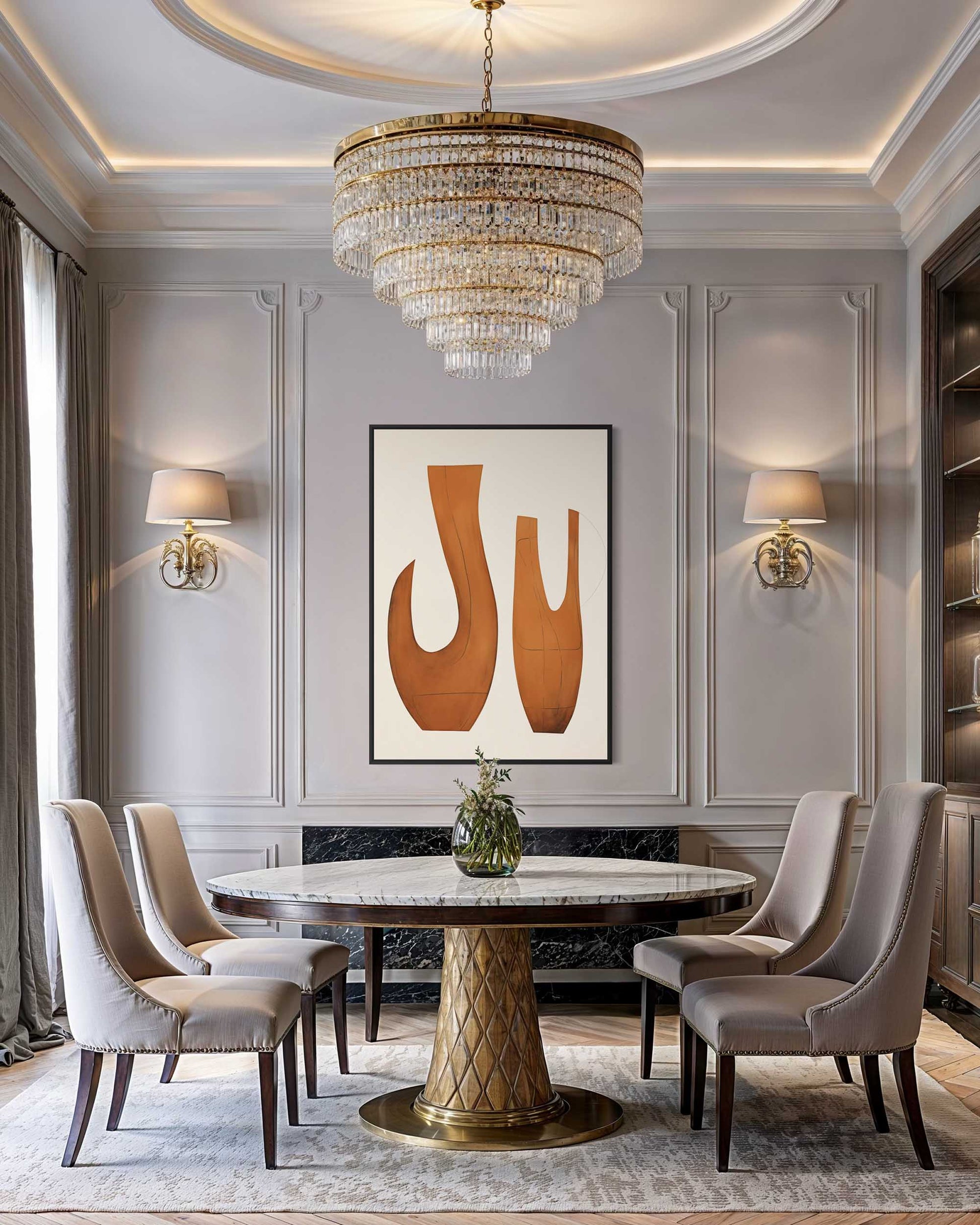 Elegant dining room with marble table, chandelier, and wall art.