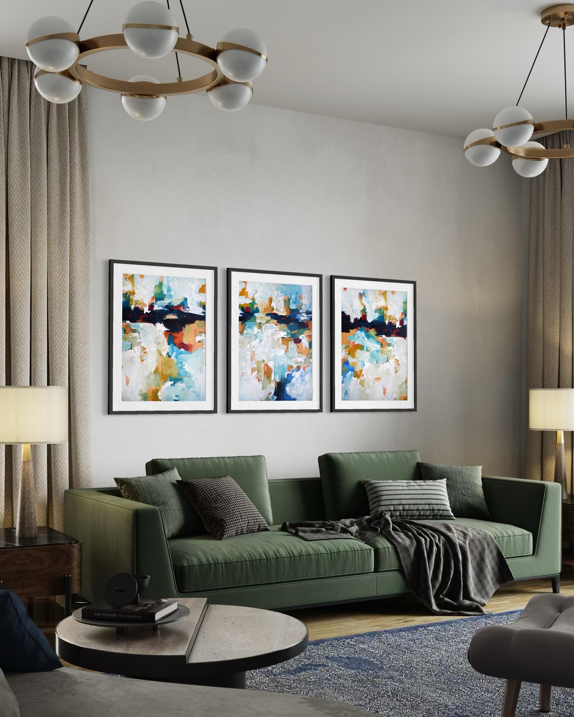 Living room with a green sofa, abstract art on the wall, and modern decor.