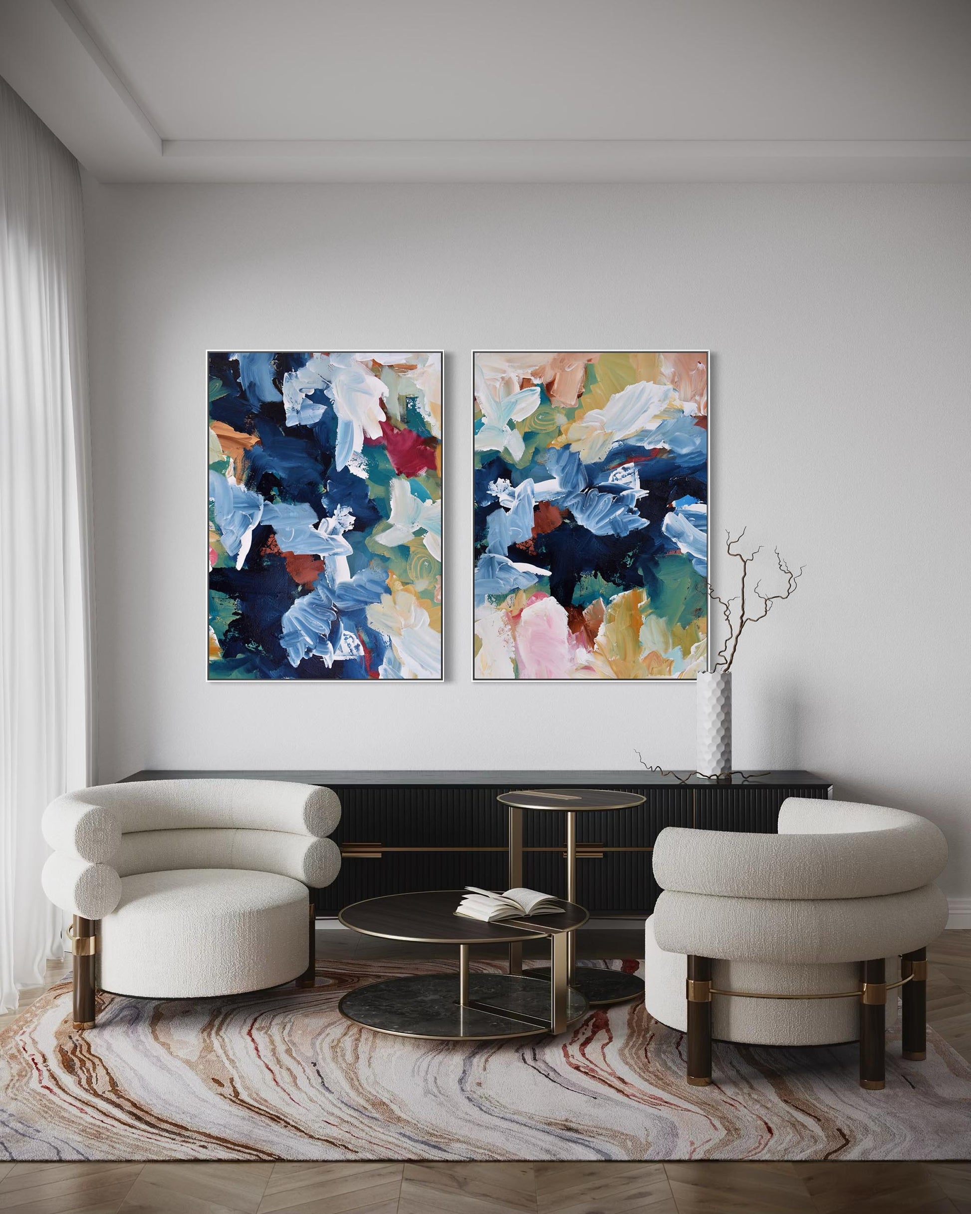 Modern living room with abstract art on the wall and stylish furniture.