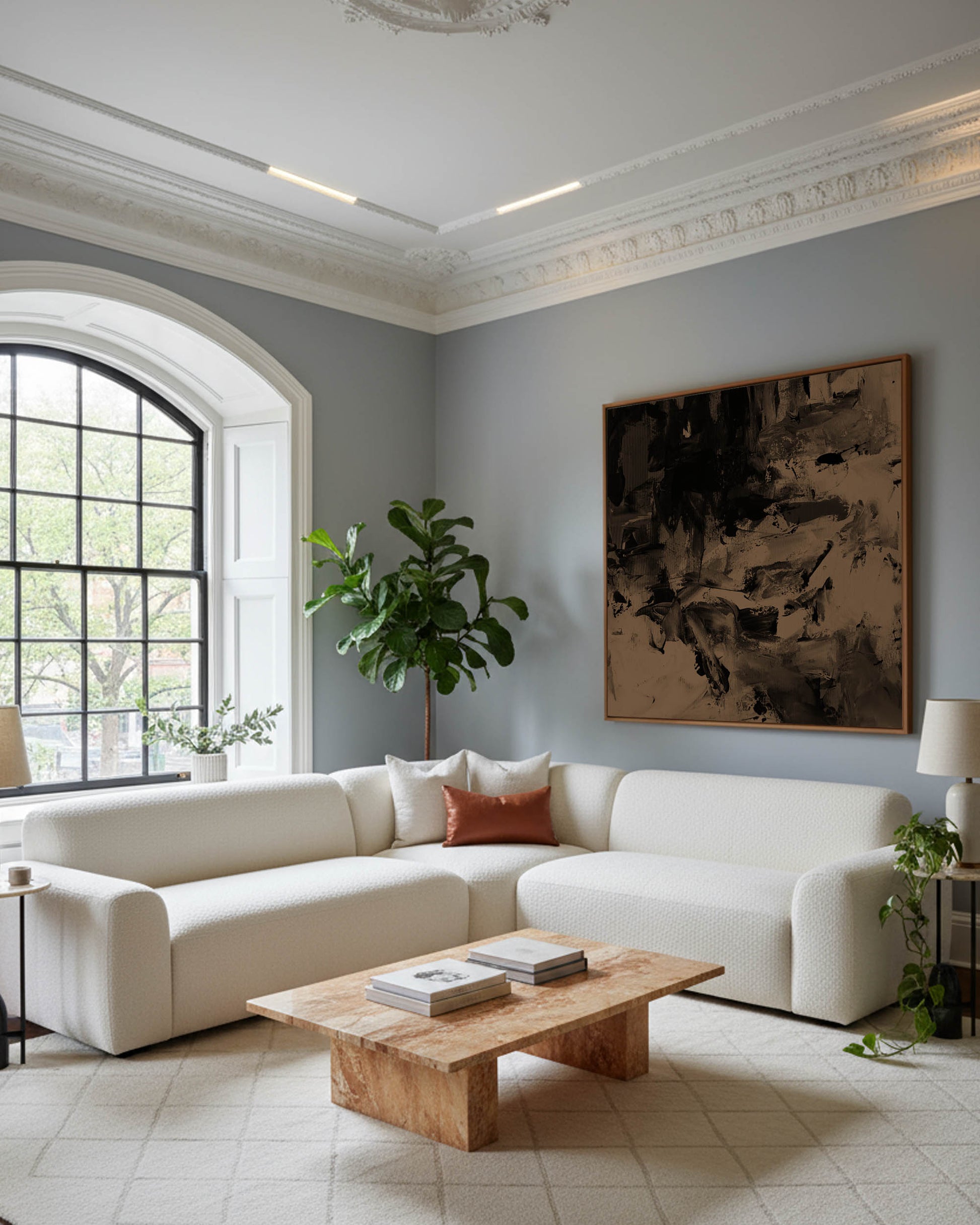 large brown abstract wall art minimal living room with grey walls and white boucle sofa scandinavian aesthetic