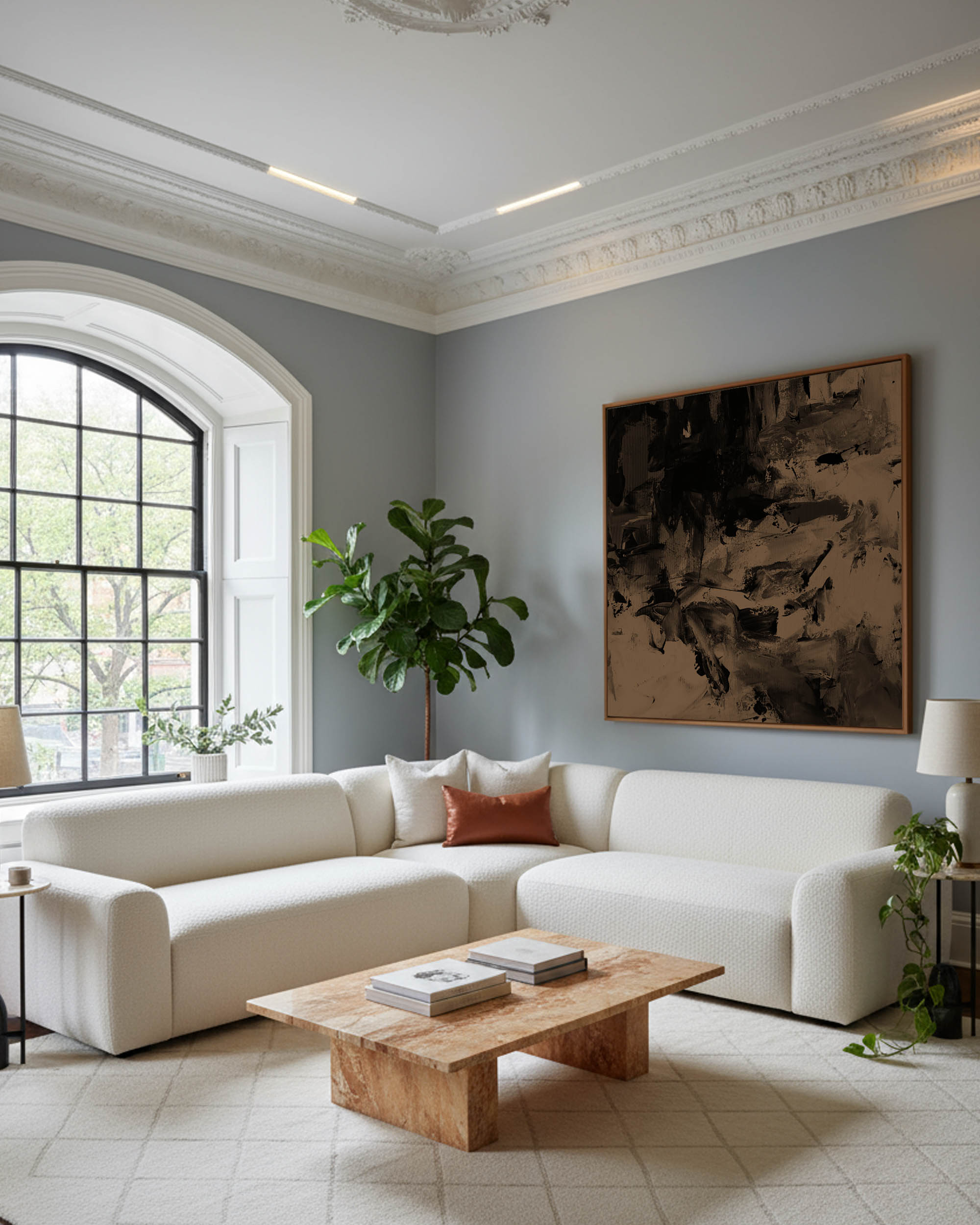 large brown abstract wall art minimal living room with grey walls and white boucle sofa scandinavian aesthetic