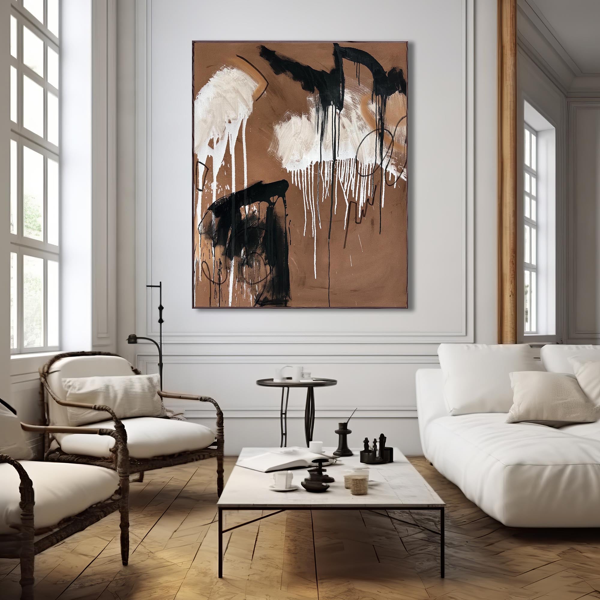 extra large framed abstract painting on wall in living room