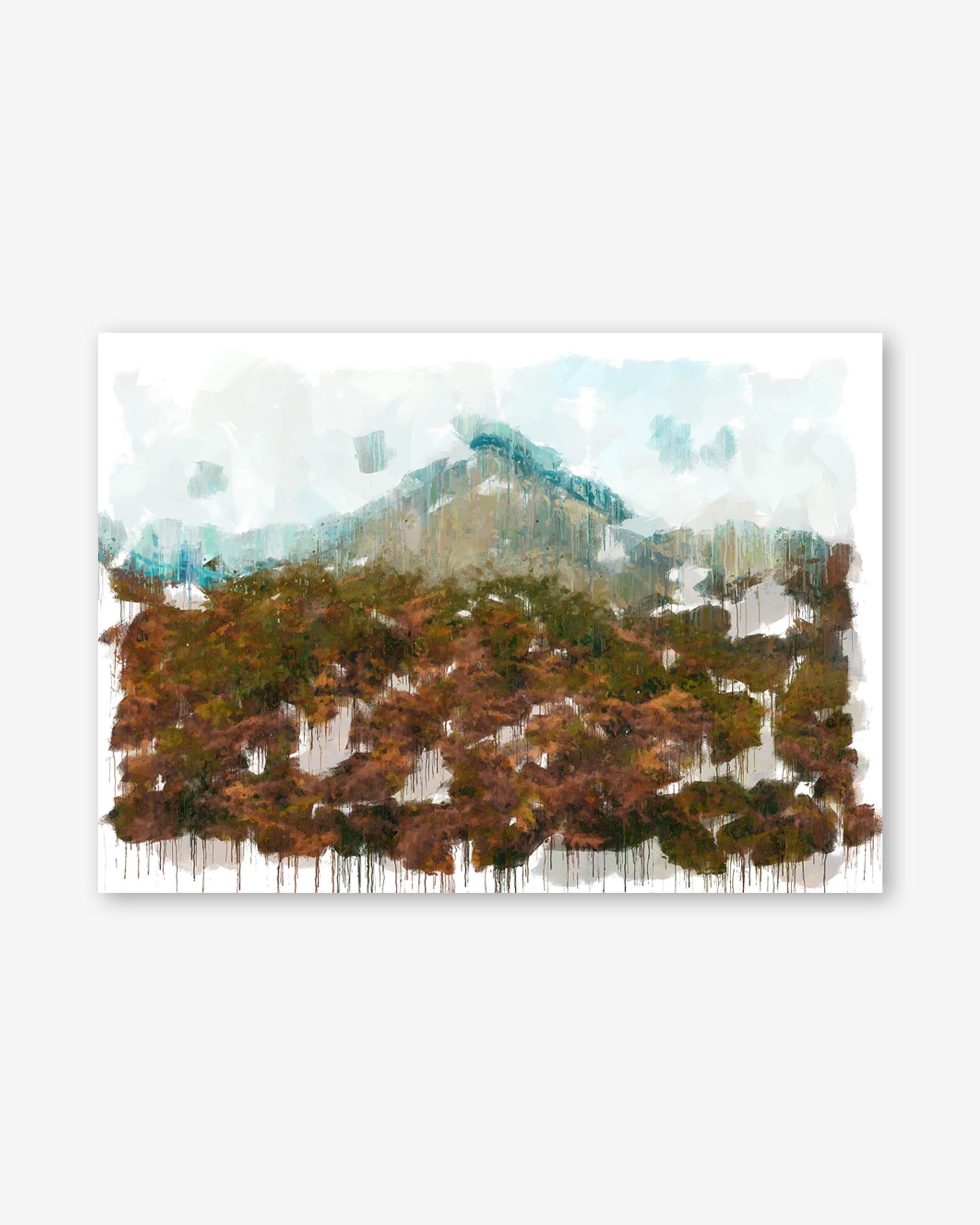 Artistic depiction of a forest with watercolor textures on a white background