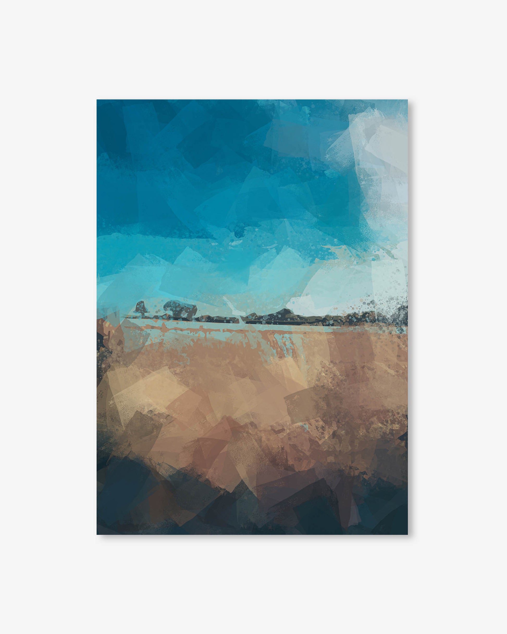 Abstract art print with blue, brown, and white colors on a white background