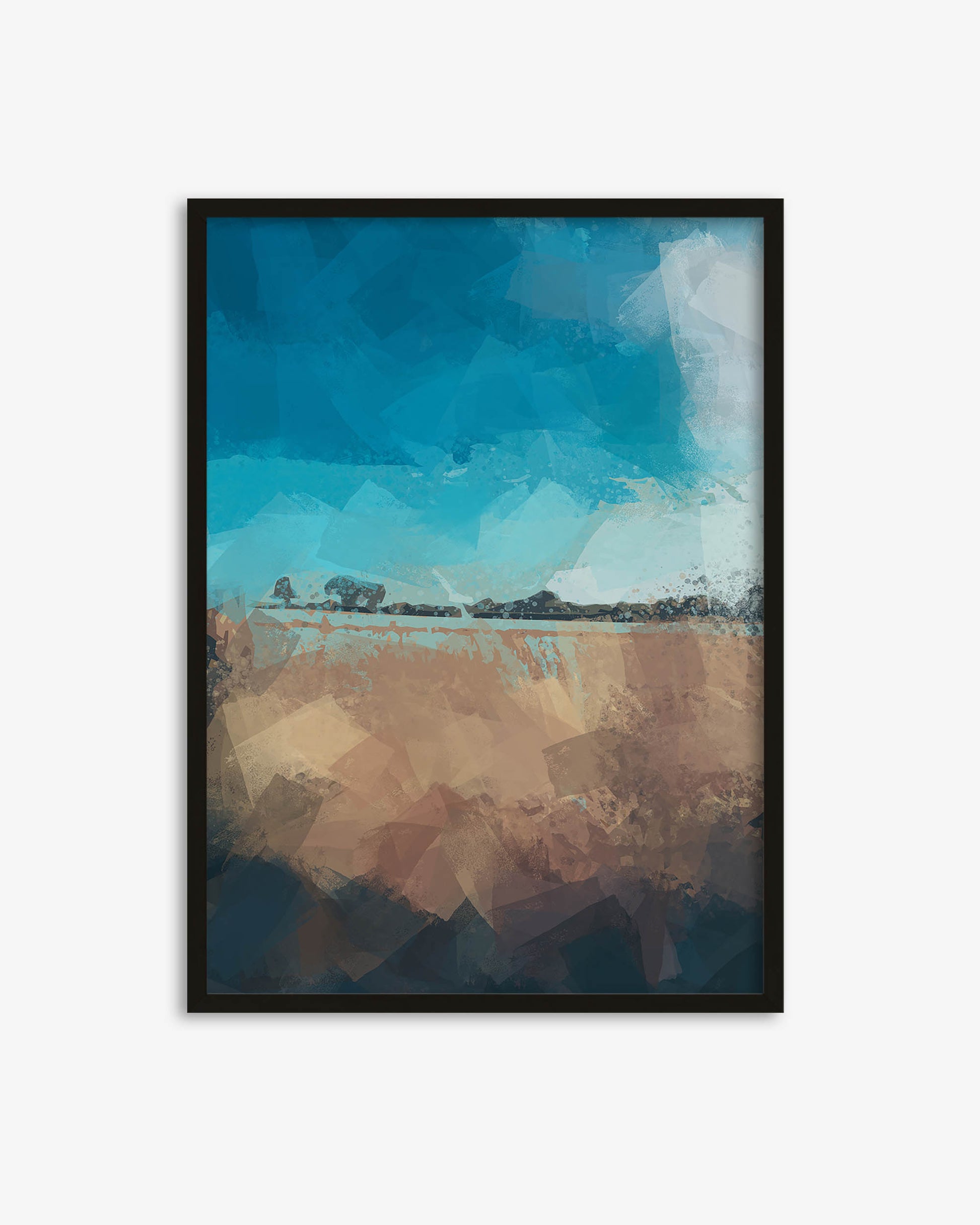 Framed abstract art print with blue and brown colors on a white background