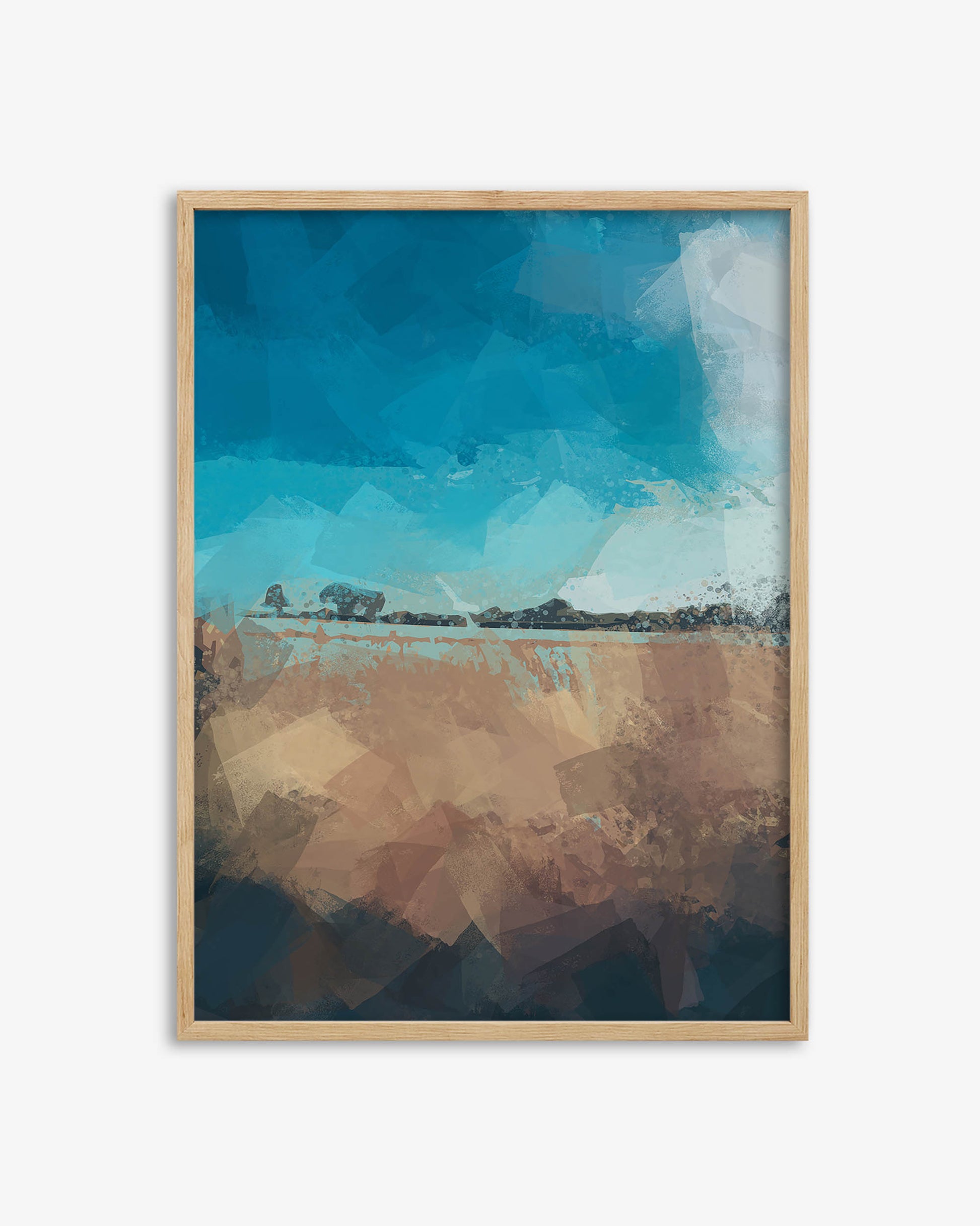 Framed abstract artwork with blue and brown tones on a white background