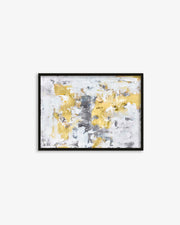 Framed abstract art print with yellow and gray colors on a white background