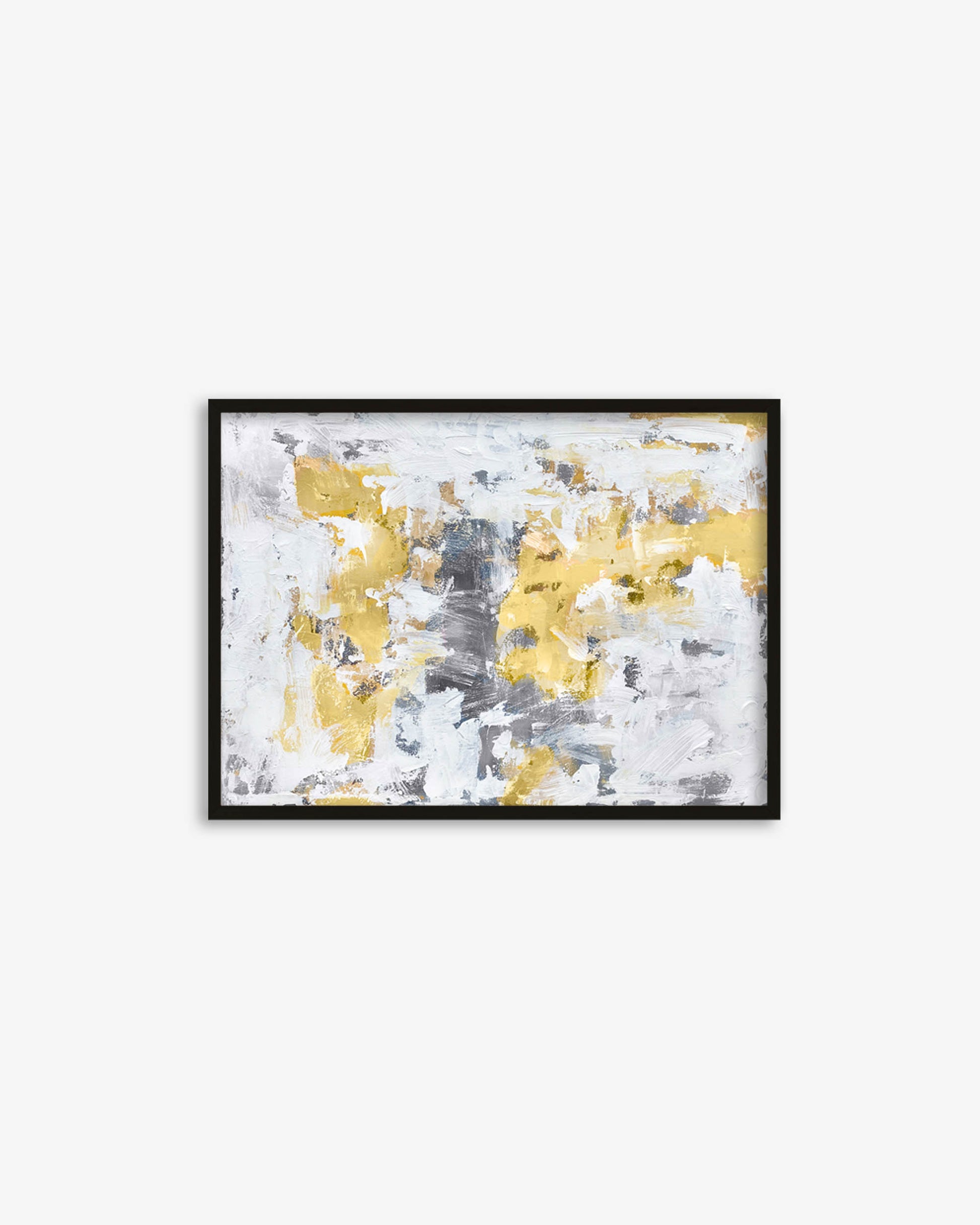 Framed abstract art print with yellow and gray colors on a white background