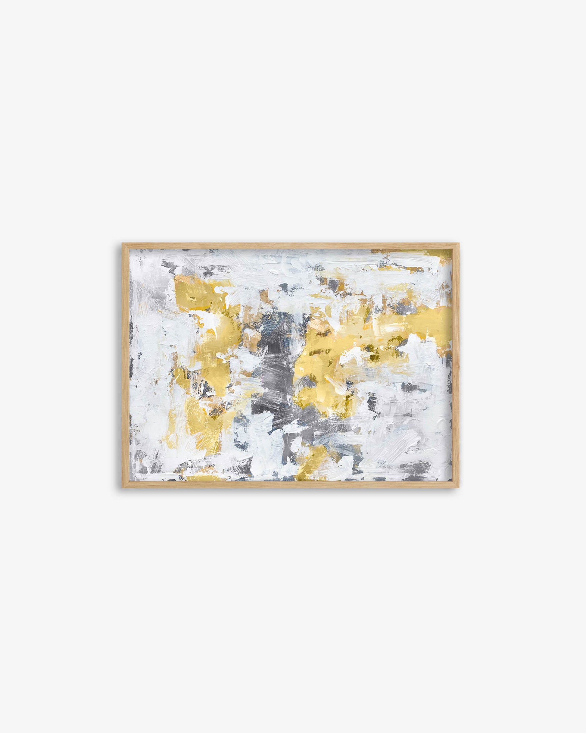 Framed abstract art with gold and gray colors on a white background