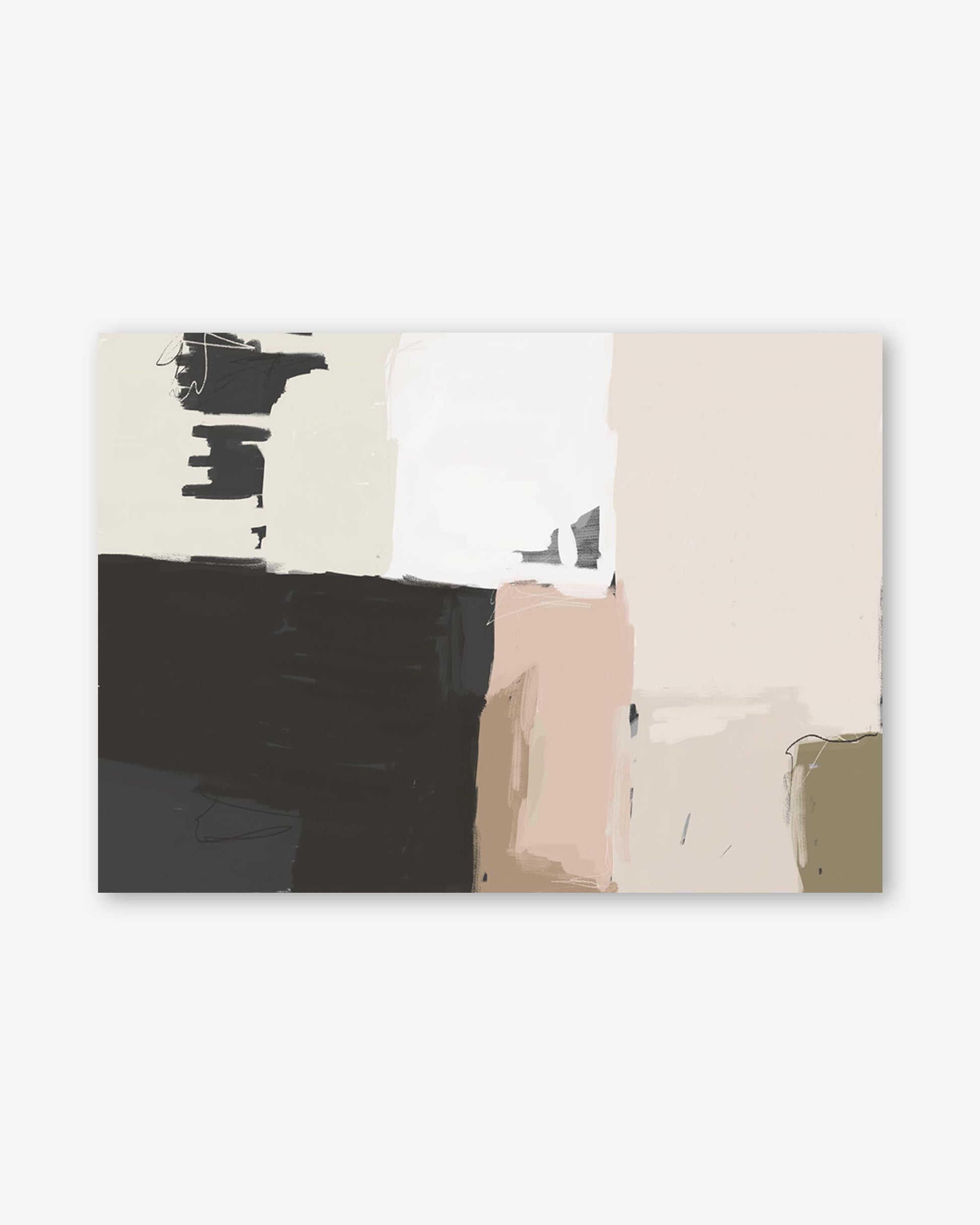 Abstract art piece with black, white, beige, and brown colors on a white background